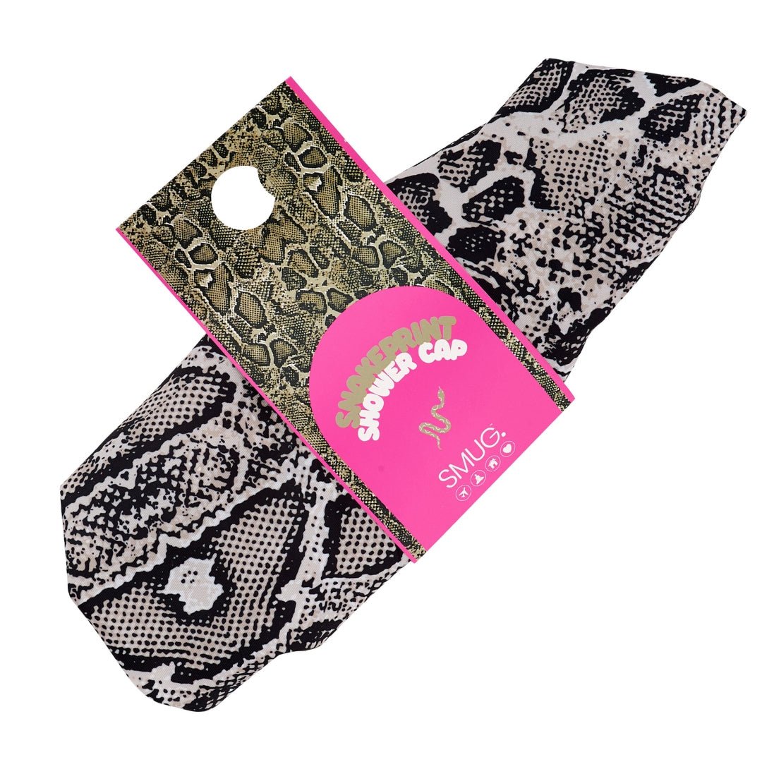 SMUG snake print shower cap in packaging, waterproof shower cap with stylish snake pattern for hair protection during baths.