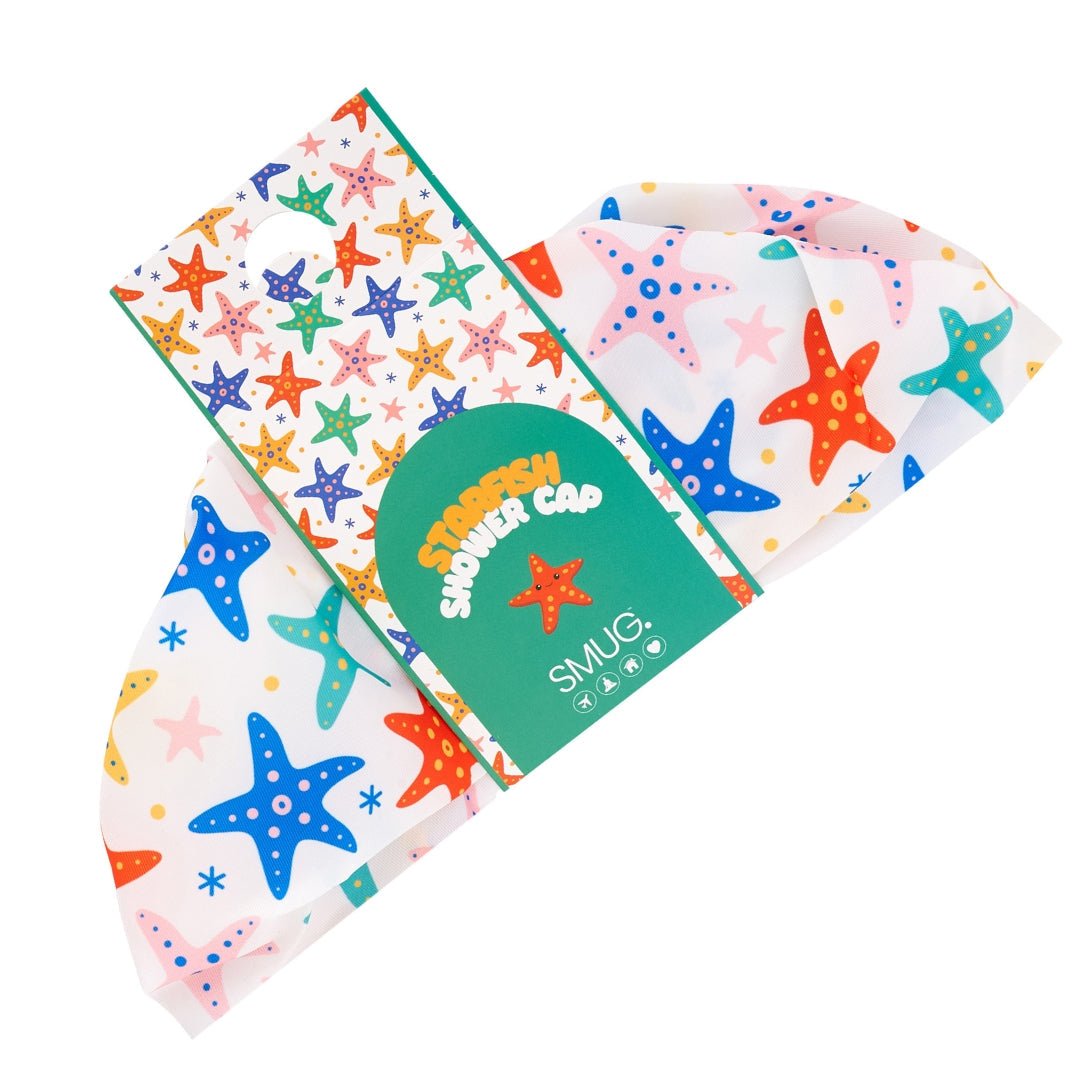 SMUG starfish print shower cap in packaging, waterproof shower cap designed to keep hair dry during bathing.
