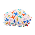 SMUG starfish print shower cap made of waterproof material, featuring a colorful starfish design for hair protection during showers.