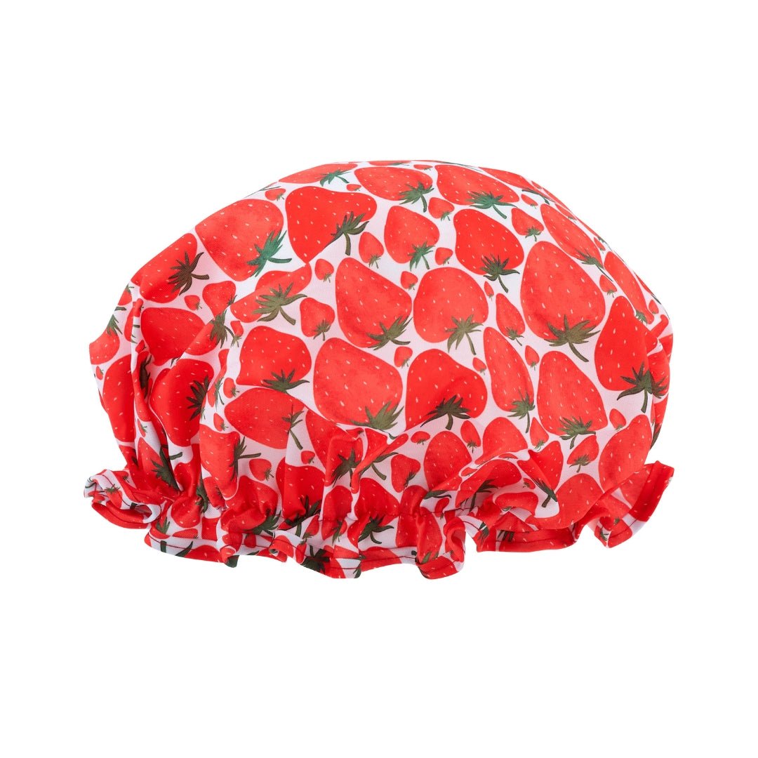 SMUG strawberry print shower cap made of waterproof material, featuring a colorful strawberry pattern for hair protection during showers.