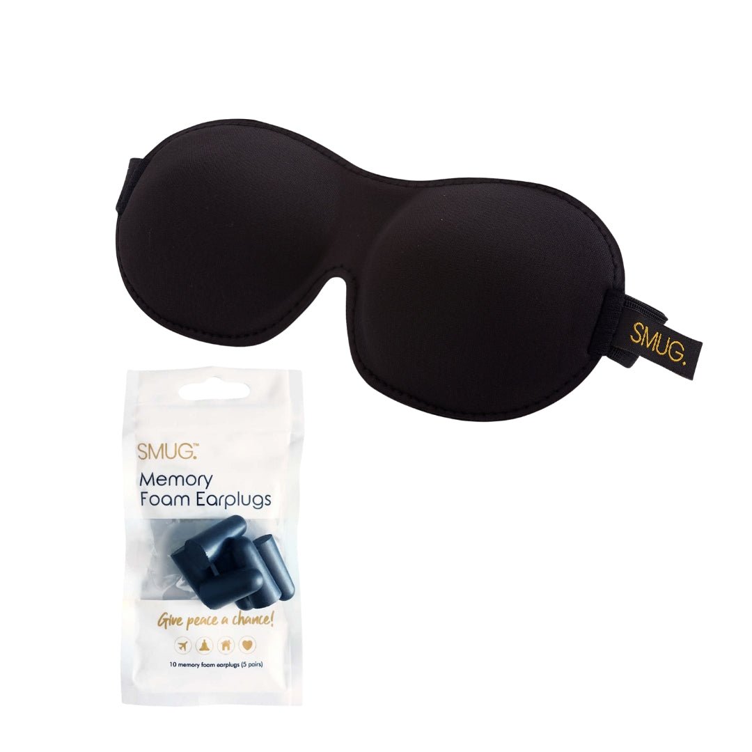Contoured 3D Blackout Sleep Mask by SMUG featuring black fabric and earplug for complete darkness and comfort during sleep.