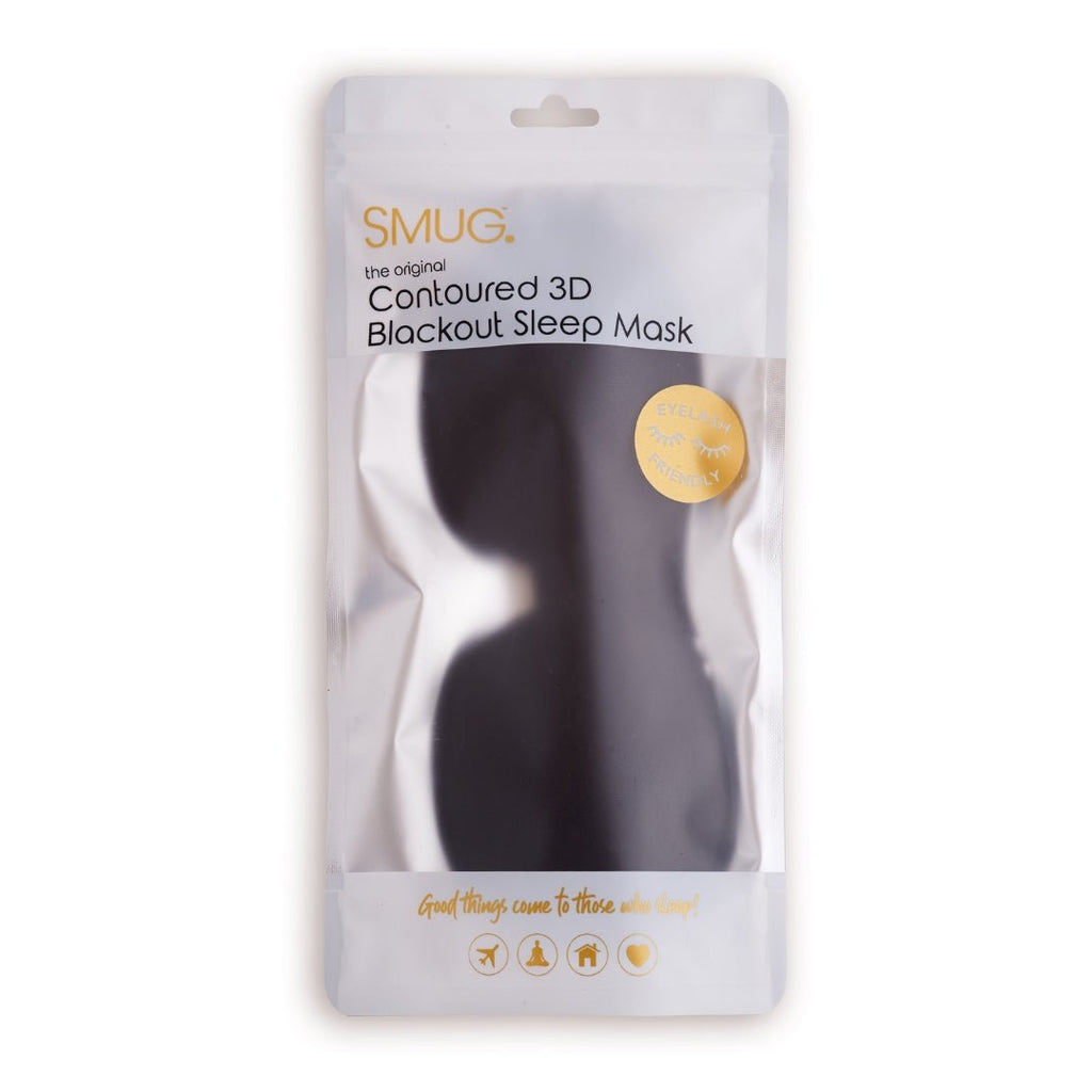 Contoured 3D blackout sleep mask by SMUG in black, designed for comfortable, complete darkness during sleep.