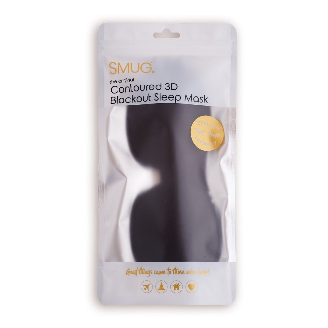 Contoured 3D blackout sleep mask by SMUG in black, designed for comfortable, complete darkness during sleep.