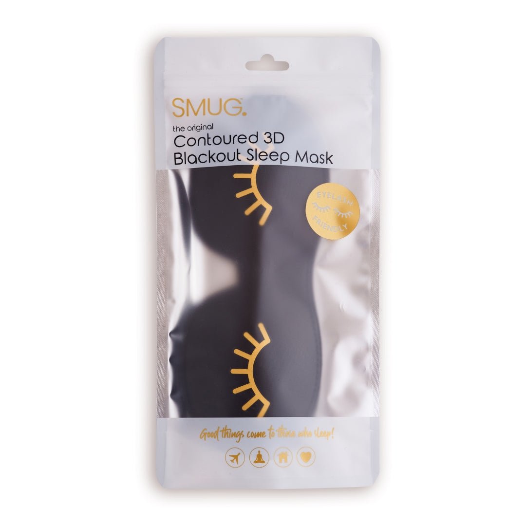 Contoured SMUG 3D blackout sleep mask with black wink print, designed to block out light for restful sleep.