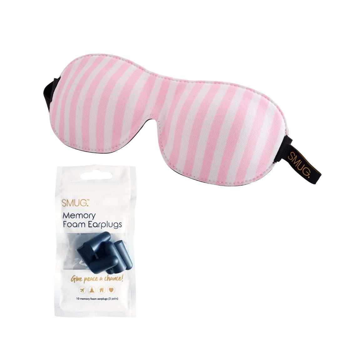Contoured SMUG sleep mask with Candy Shop print, black blackout design, and earplugs for comfortable nighttime sleep.