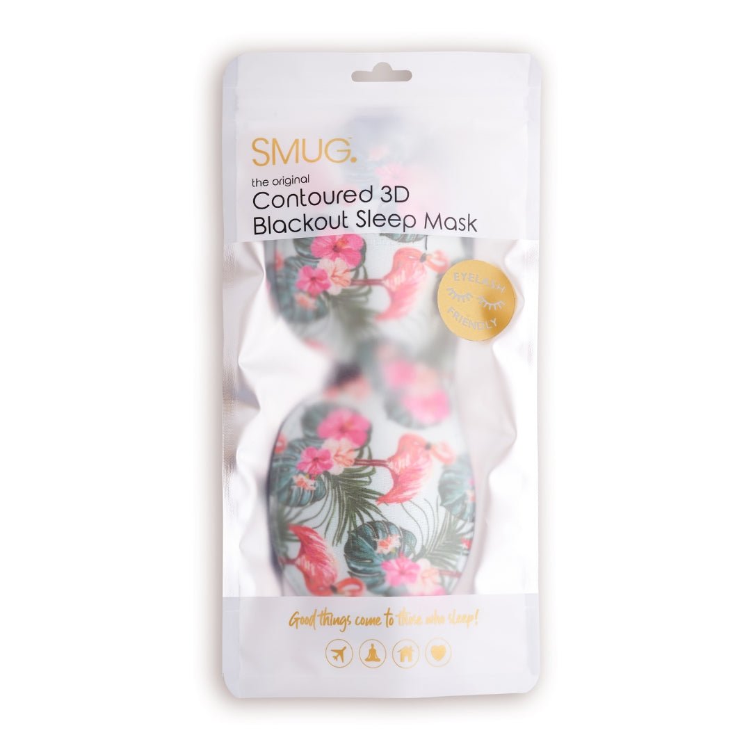 Contoured black sleep mask with flamingo print by SMUG, designed for comfortable blackout sleep and eye contouring.
