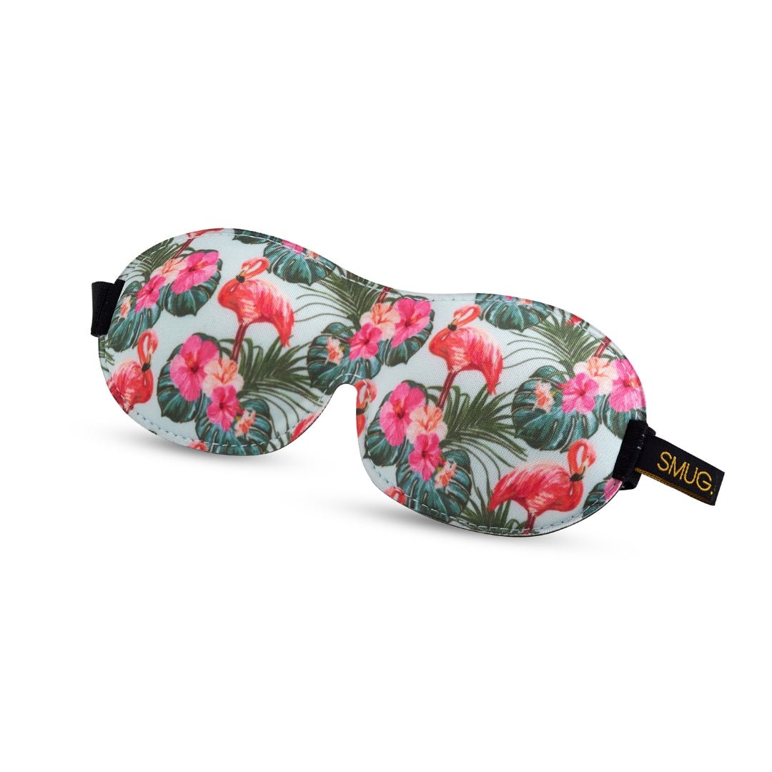 Contoured 3D blackout sleep mask with flamingo print by SMUG, designed to block light and ensure comfortable sleep.