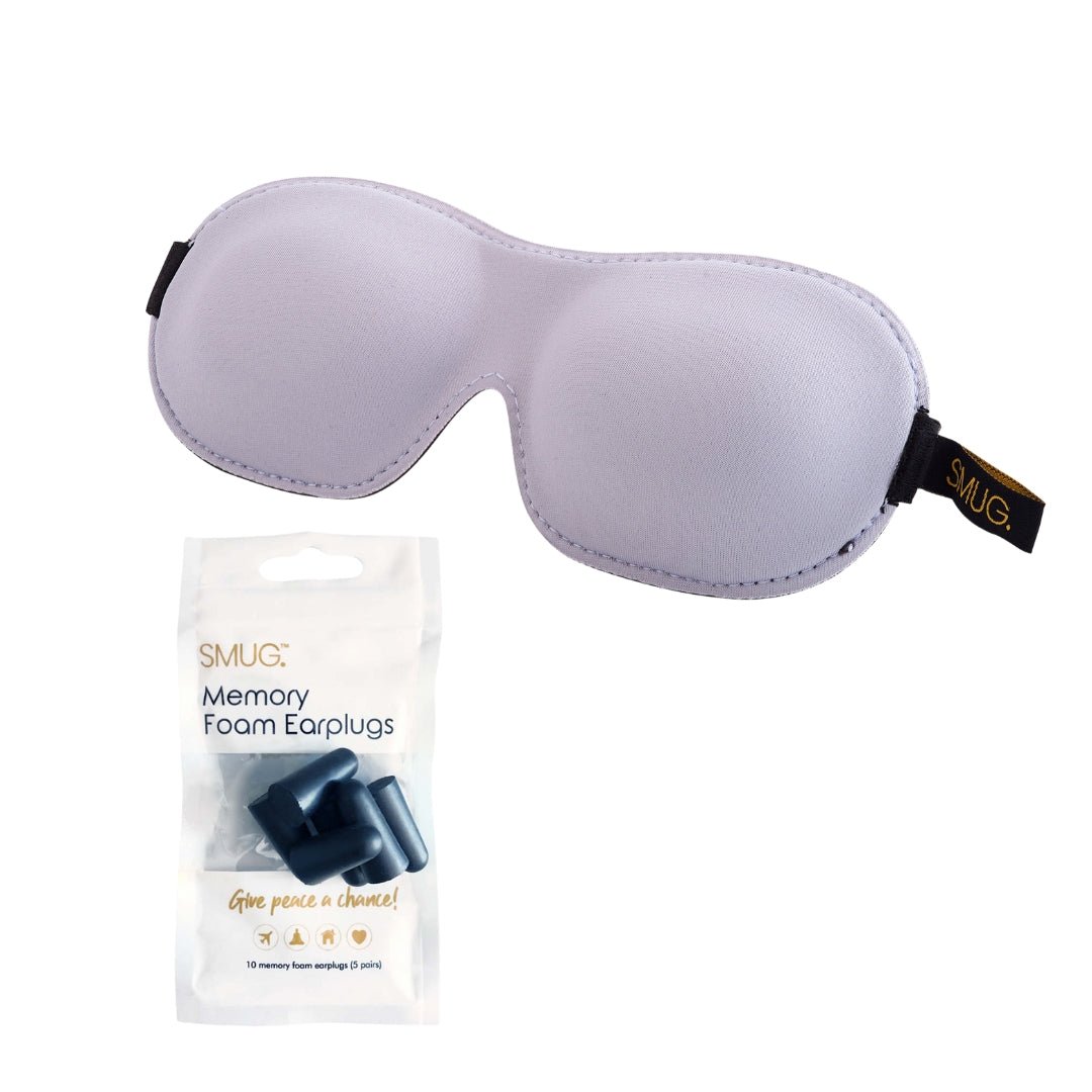 Contoured 3D Blackout Sleep Mask in grey by SMUG, featuring earplugs for enhanced comfort and complete darkness.