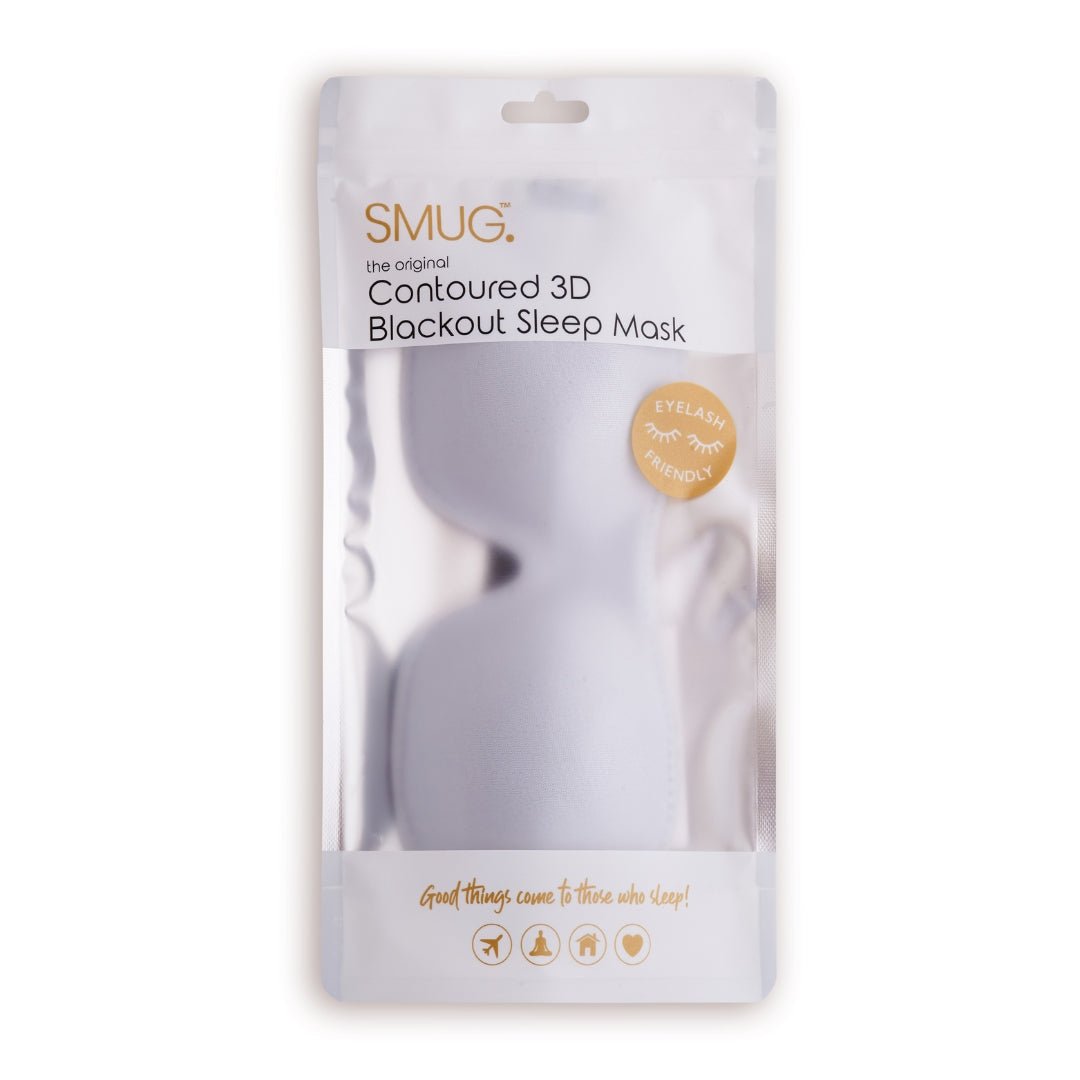 Contoured 3D Blackout Sleep Mask in grey by SMUG, featuring a comfortable fit and packaging visible in the image.
