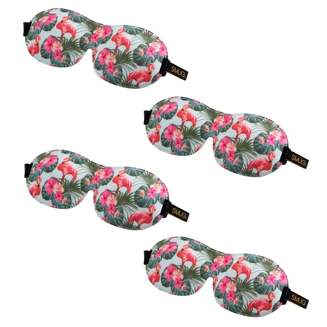 SMUG contoured sleep mask set with various flamingo design patterns, soft fabric for comfortable sleep.