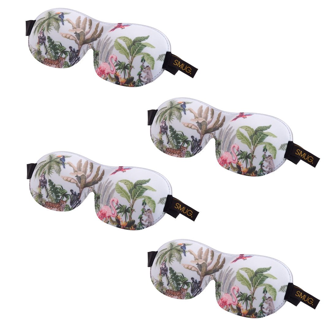 Contoured SMUG sleep mask set with various jungle-themed designs, soft fabric, and comfortable fit for restful sleep.