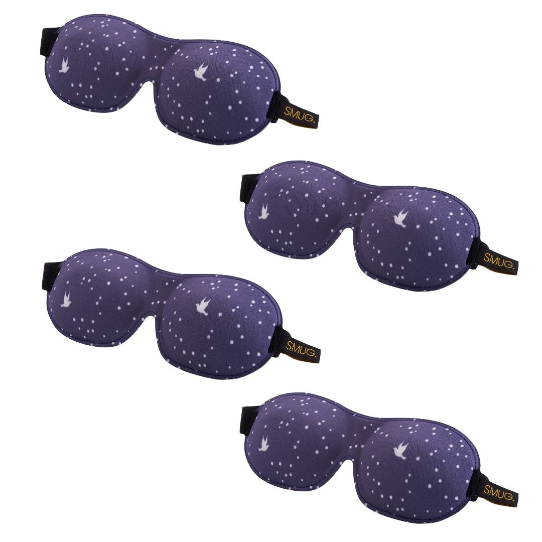 SMUG contoured sleep mask set with various night sky designs, comfortable eye-covering sleep masks for restful night sleep.