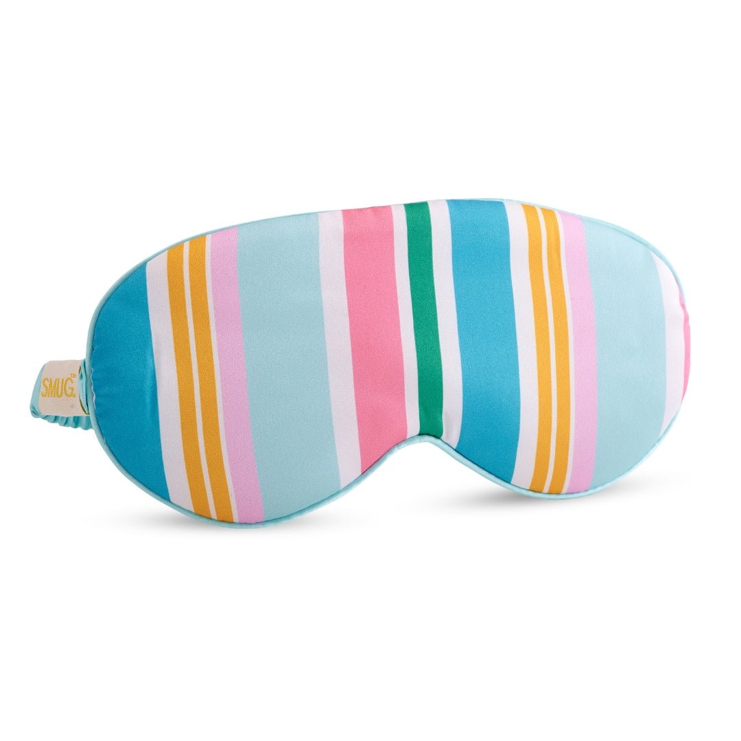 SMUG satin sleep mask with bold spring stripe print, soft and luxurious for comfortable nighttime rest.
