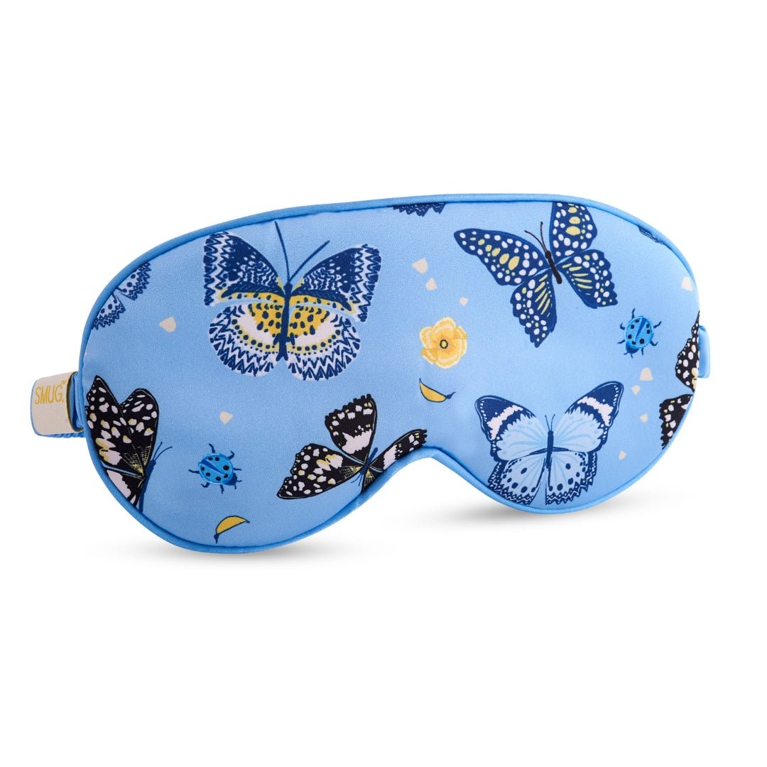 Satin sleep mask with butterfly print by SMUG, featuring a soft, smooth fabric designed for comfortable nighttime rest.