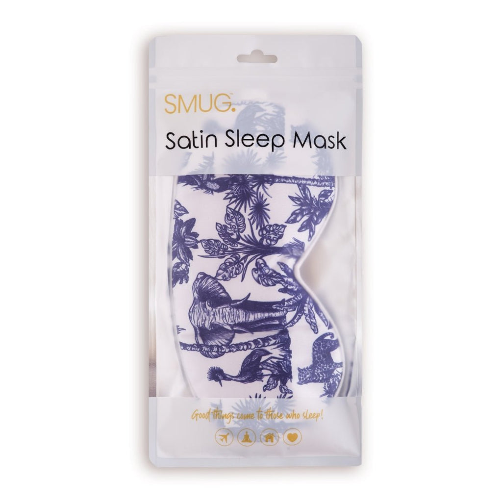 SMUG satin sleep mask with elephant print, soft fabric, designed for comfortable sleep and relaxation.