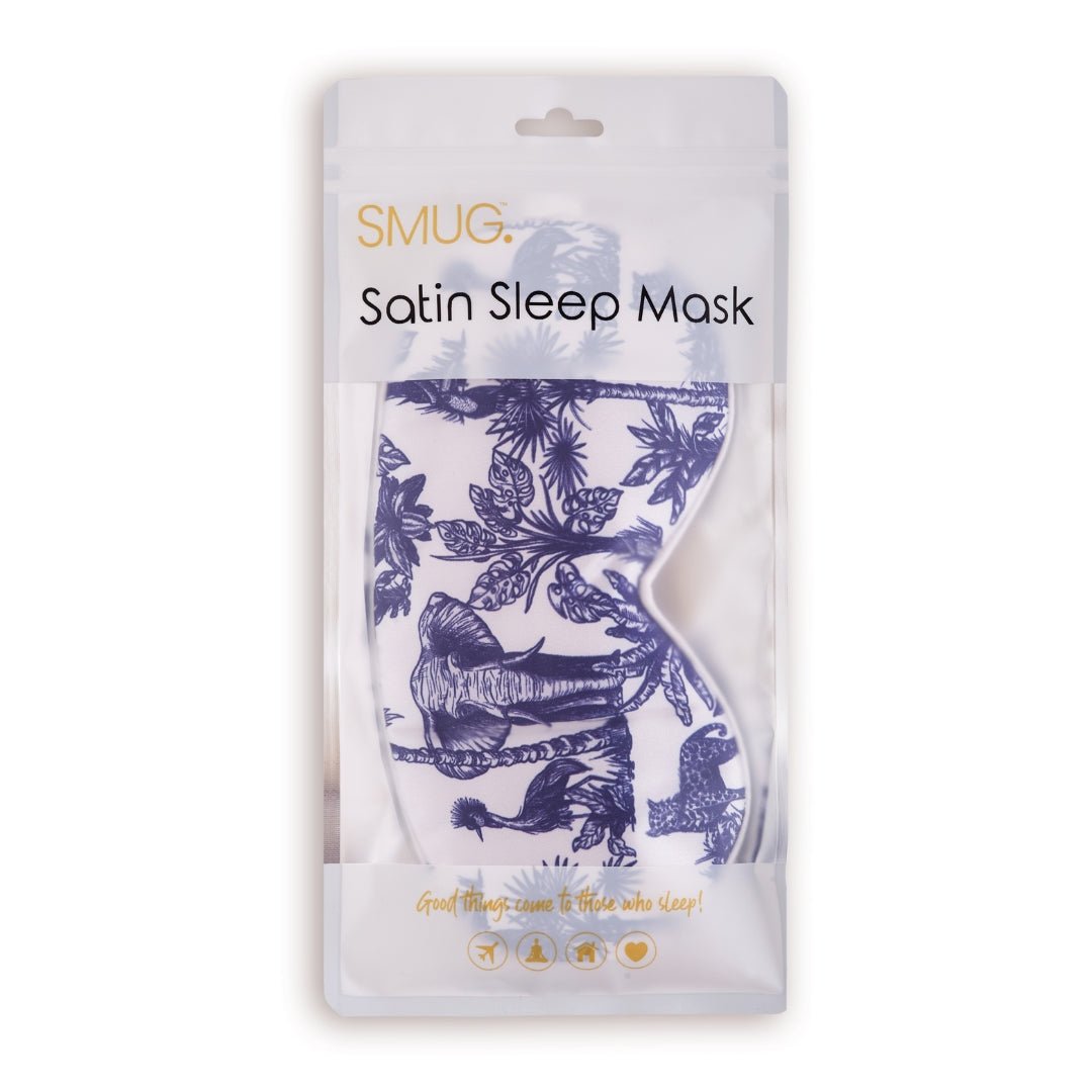 SMUG satin sleep mask with elephant print, soft fabric, designed for comfortable sleep and relaxation.