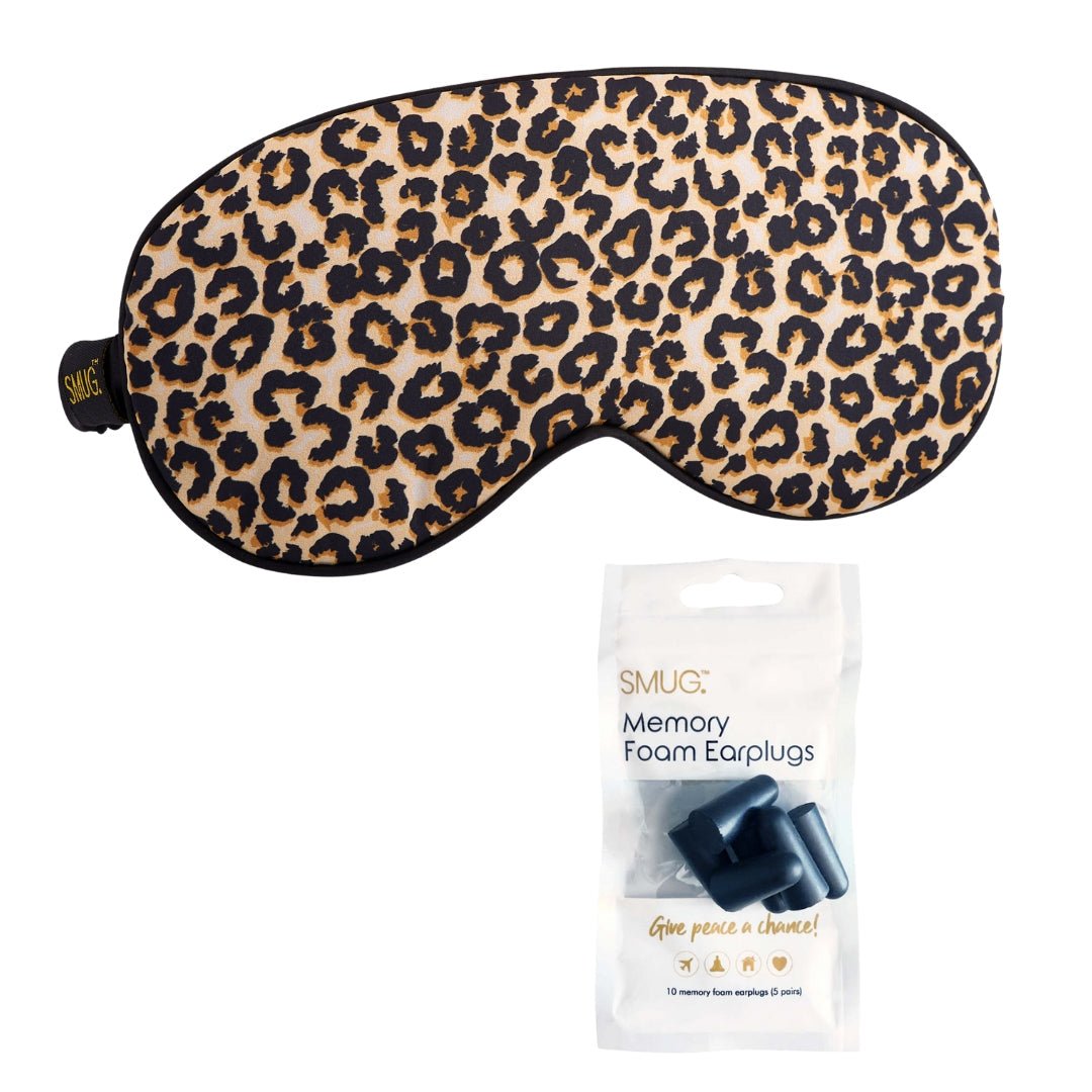 Black satin sleep mask with leopard print design, featuring attached leopard ears for a cute, comfortable sleep accessory.