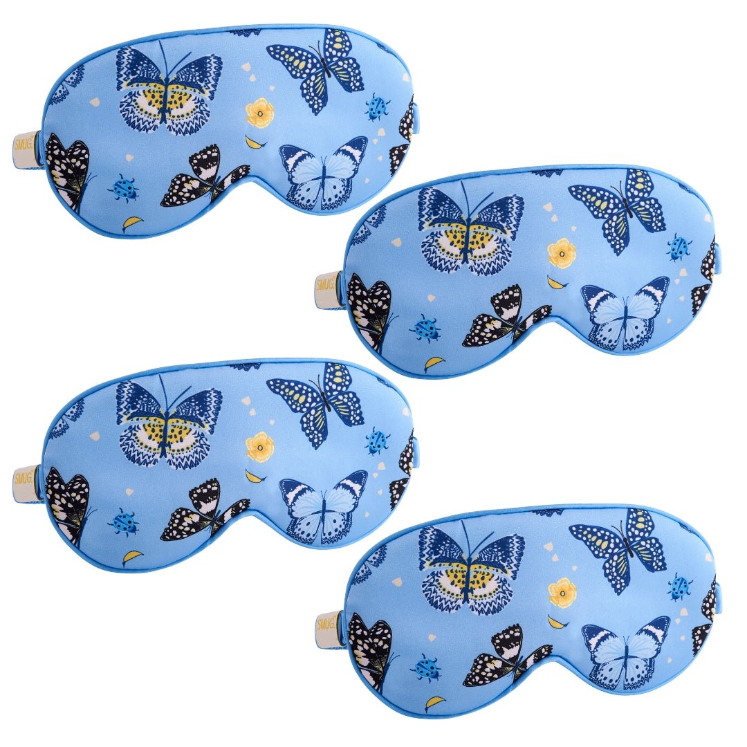 SMUG satin sleep mask set with various butterfly designs, soft and comfortable for restful sleep.