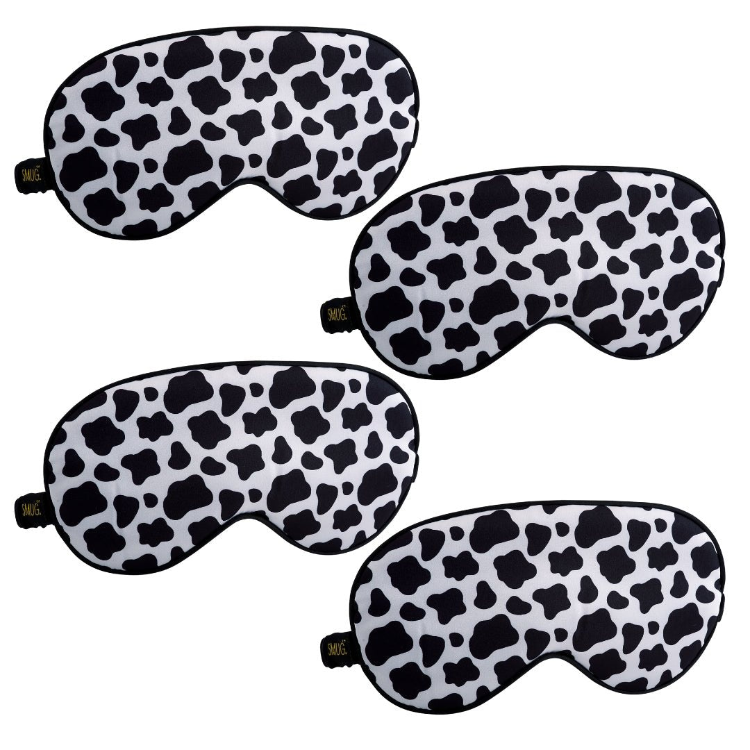 SMUG satin sleep mask set with cow design, soft and comfortable sleep masks for relaxing rest and eye comfort.