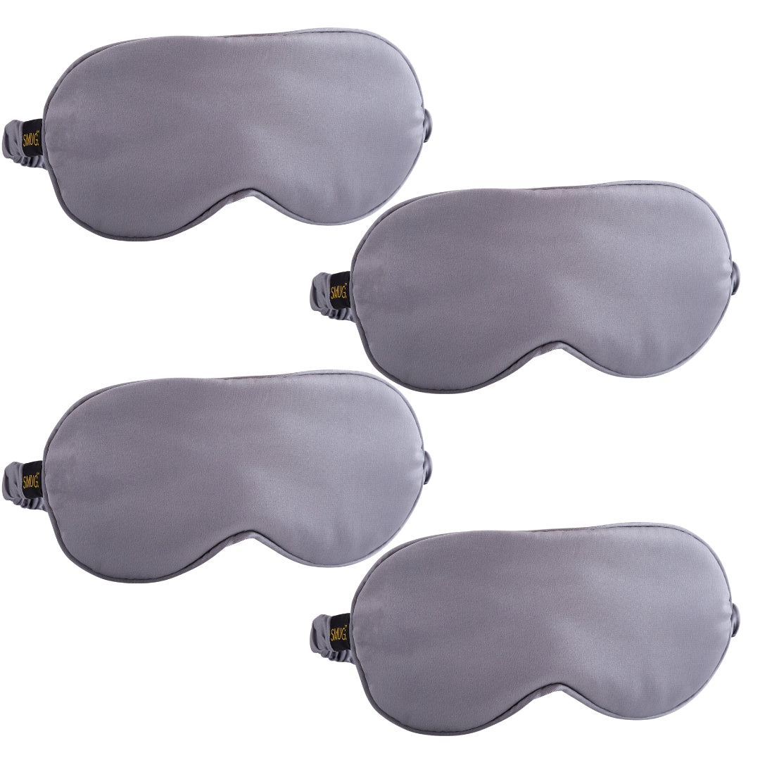SMUG satin sleep mask set in multiple designs, including a grey mask, for comfortable, stylish sleep accessories.