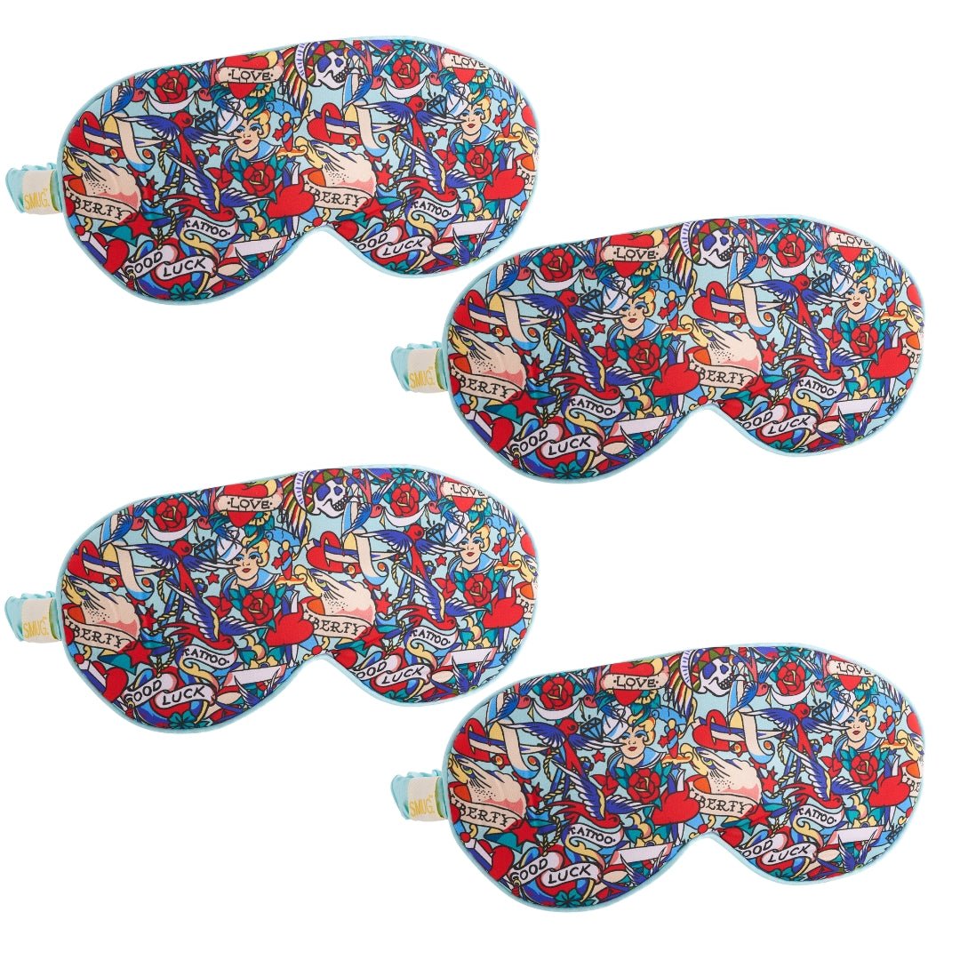 SMUG satin sleep mask set with multiple designs, including tattoo pattern, soft and smooth fabric for comfortable sleep.