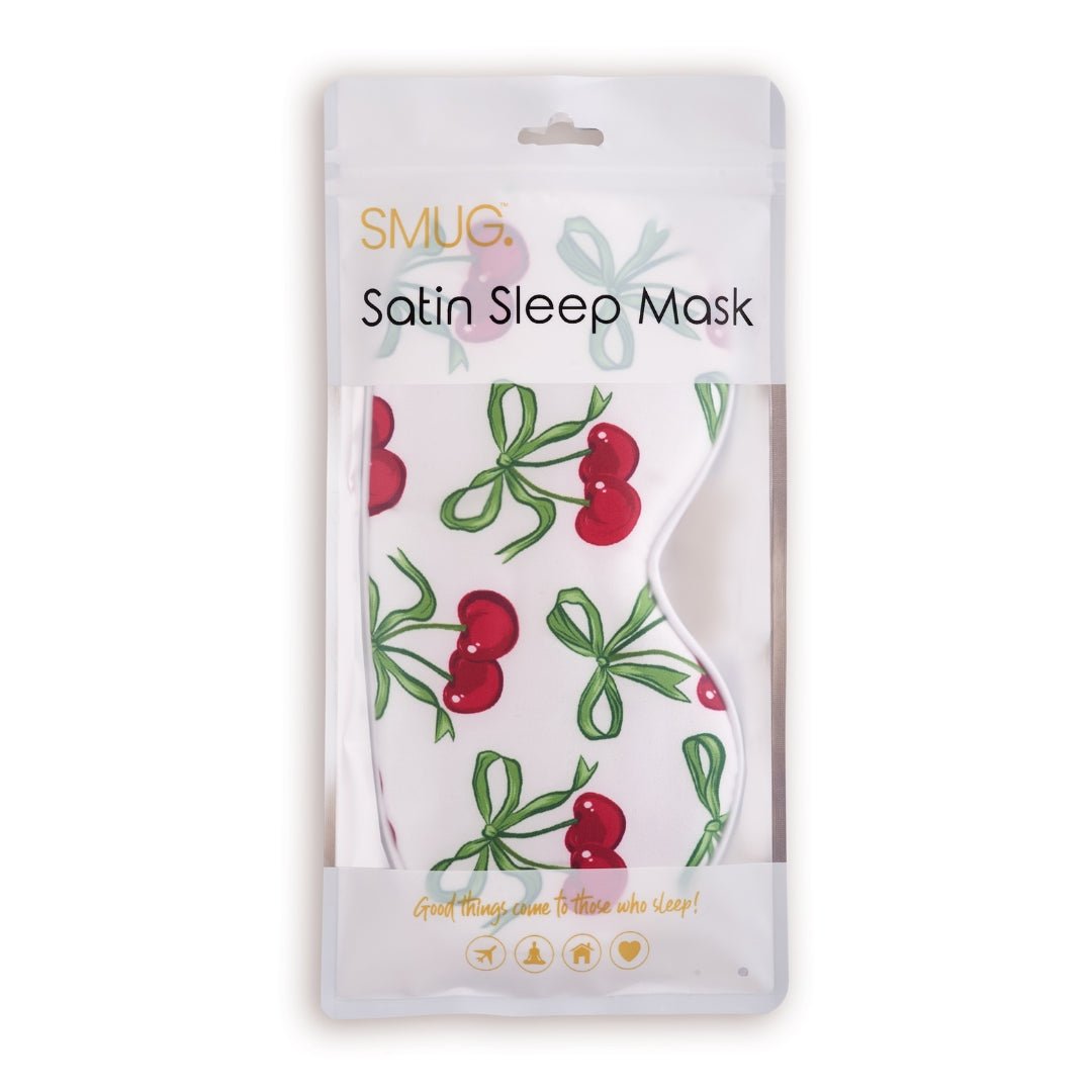 White cherries print satin sleep mask by SMUG with packaging, designed for comfortable, restful sleep.