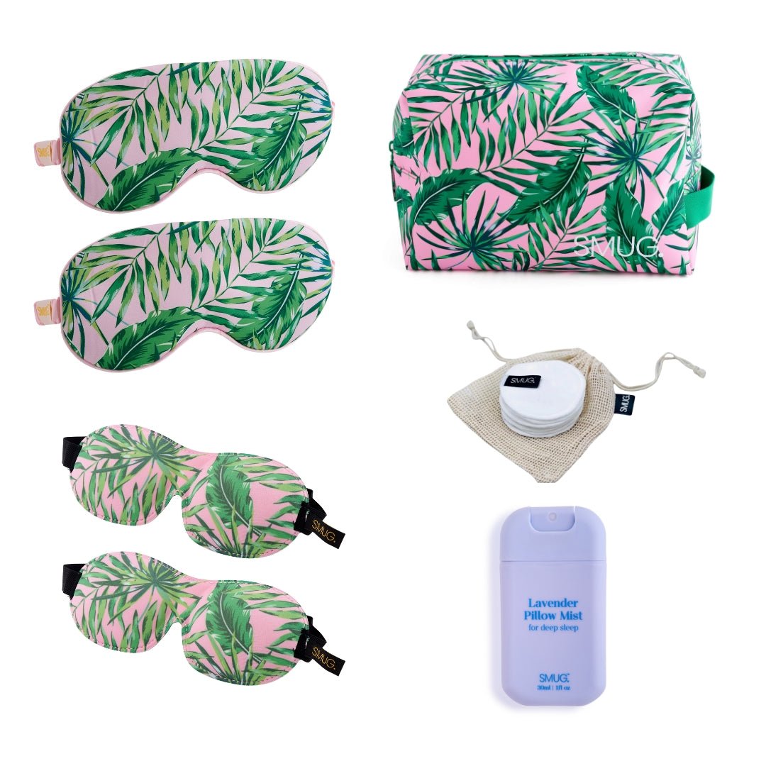 SMUG sleepover set with palm print, includes matching pajamas and accessories for a fun, coordinated sleepover look.