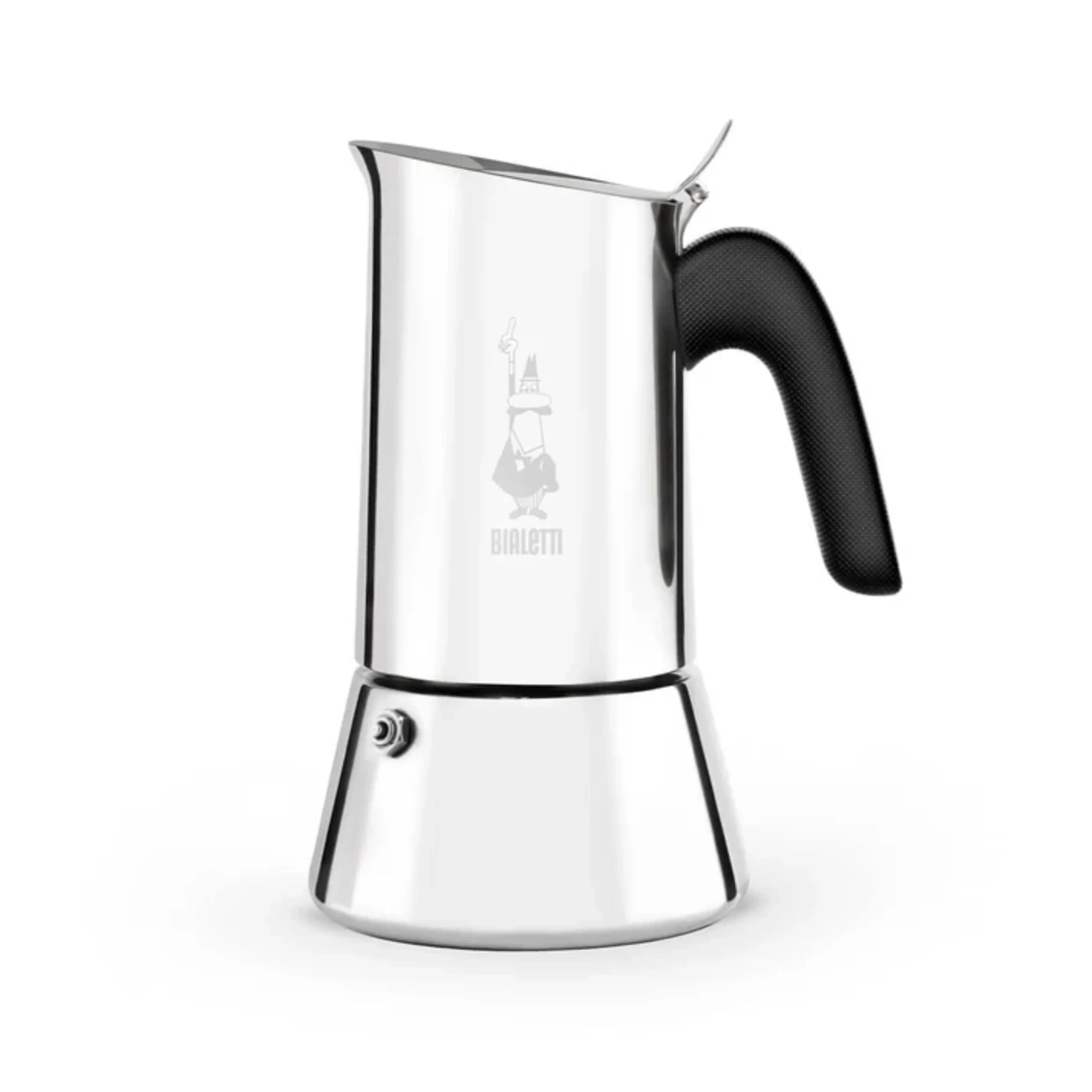 Bialetti Brew Italia stainless steel Moka induction stovetop coffee maker with a polished finish and ergonomic handle.