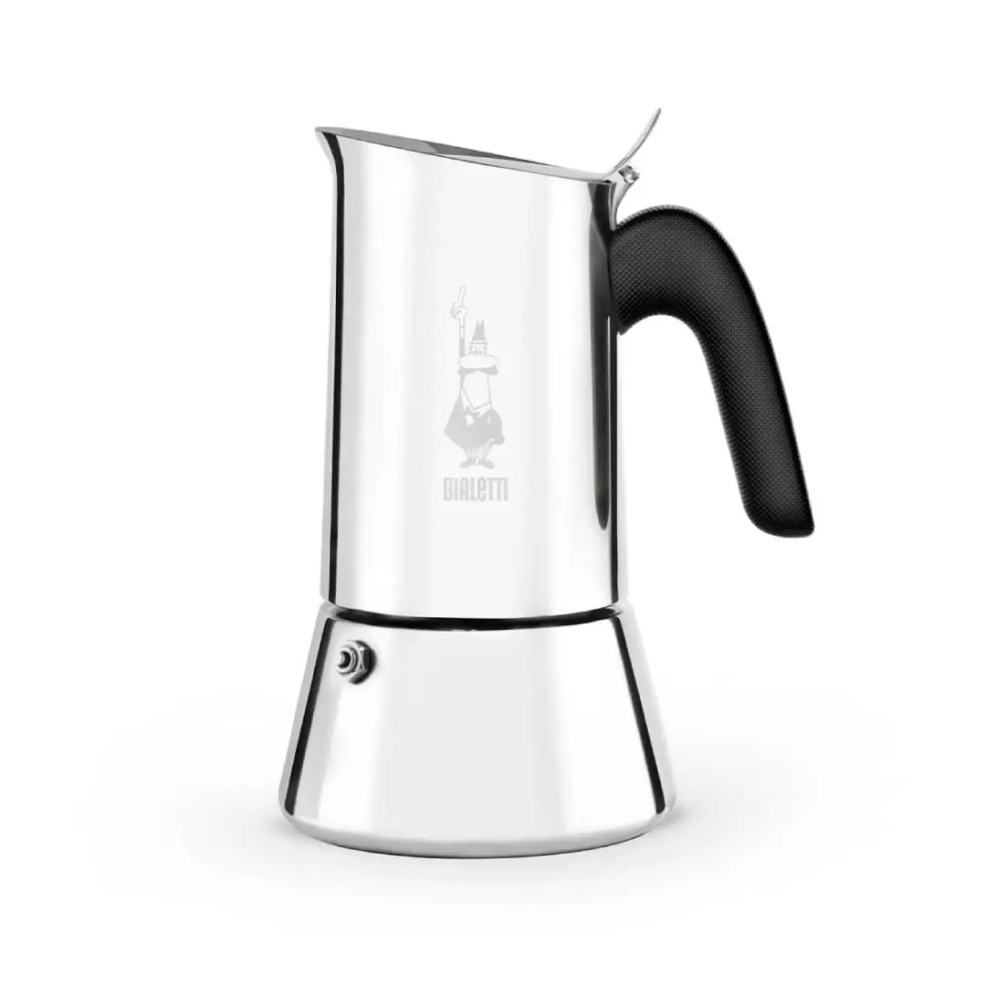 Stainless steel Bialetti Venus coffee maker by Brew Italia with a sleek, modern design for stovetop brewing.