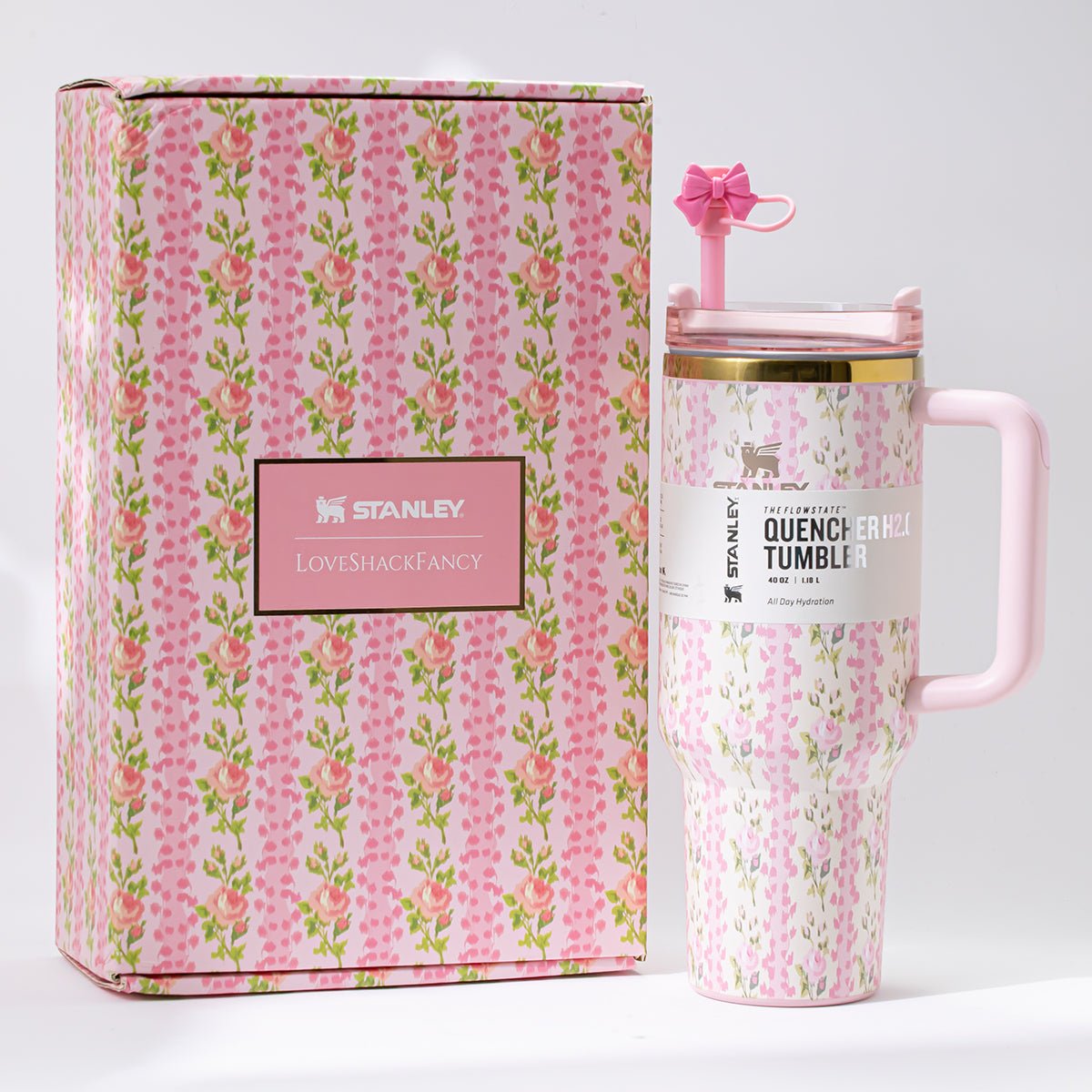 Stanley x LoveShackFancy Blooming Heirloom Quencher H2.0 FlowState Tumbler 40oz – Limited Edition Pink Floral Bow Tumbler-0