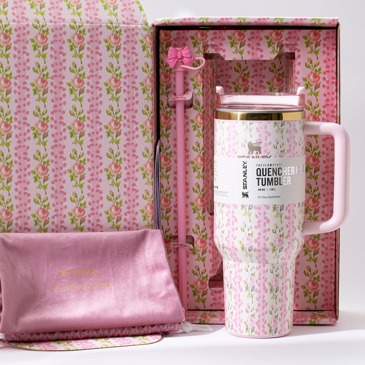 Stanley x LoveShackFancy Blooming Heirloom Quencher H2.0 FlowState Tumbler 40oz – Limited Edition Pink Floral Bow Tumbler-3