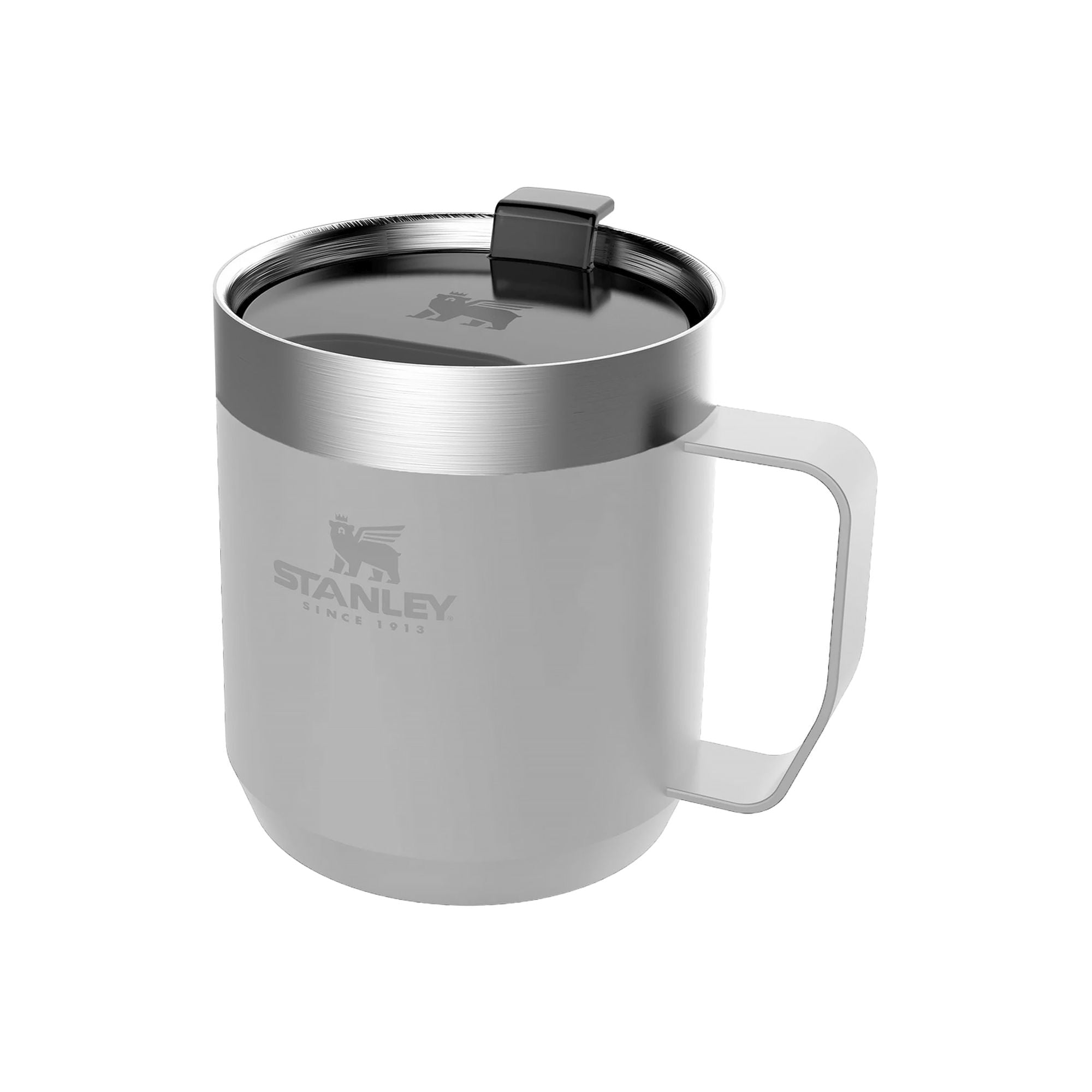 Stanley Stay Hot Camp Mug 0.35L travel mug with a durable handle and stainless steel finish for hot beverages on the go.