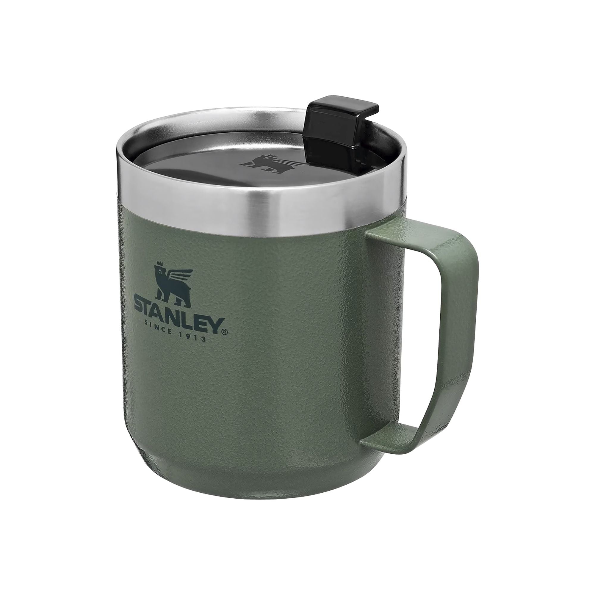 Stanley Stay Hot Camp Mug 0.35L, a stainless steel travel mug with a secure lid for hot beverages on the go.