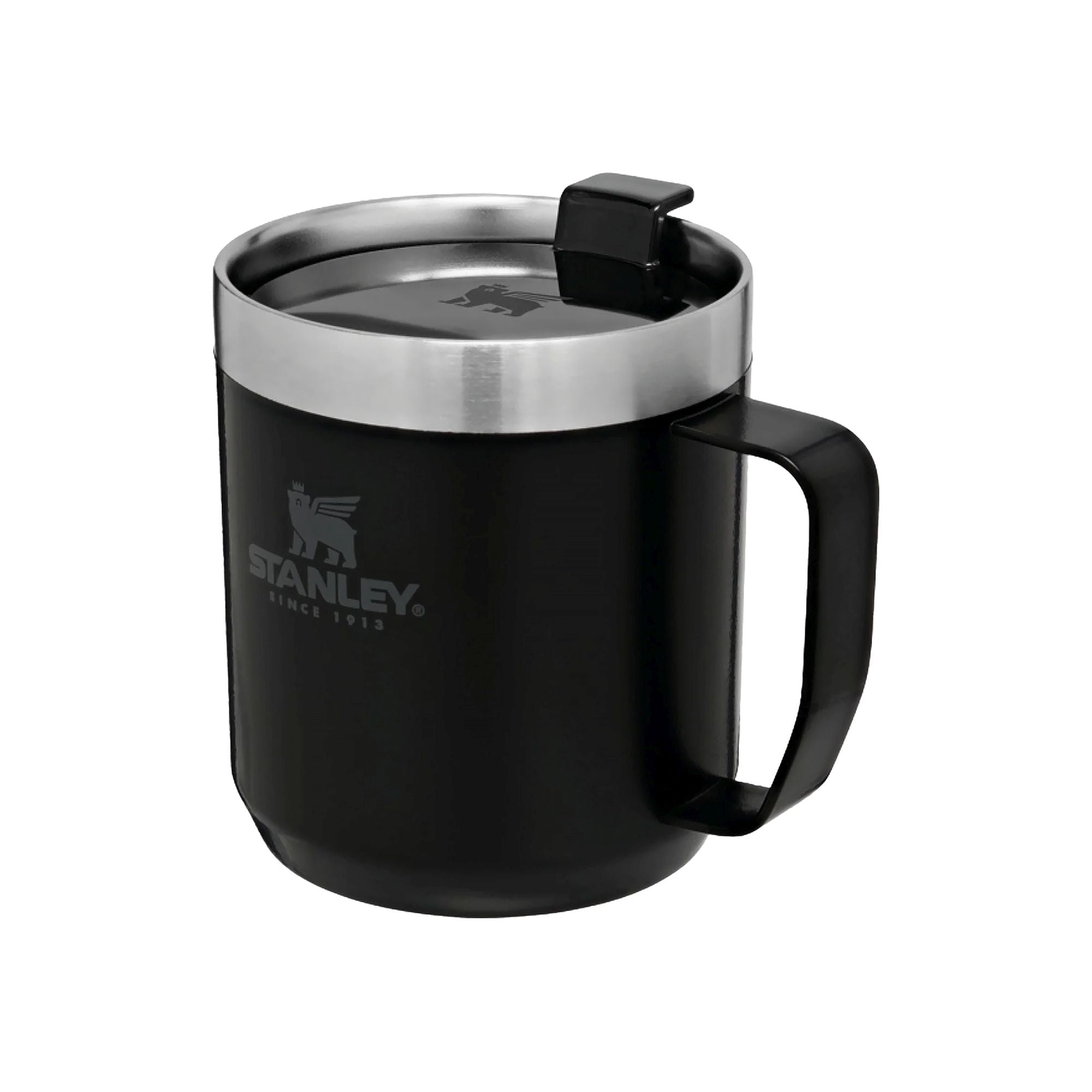 Stanley Stay Hot 0.35L travel camp mug showing durable stainless steel body and black insulated lid for outdoor use
