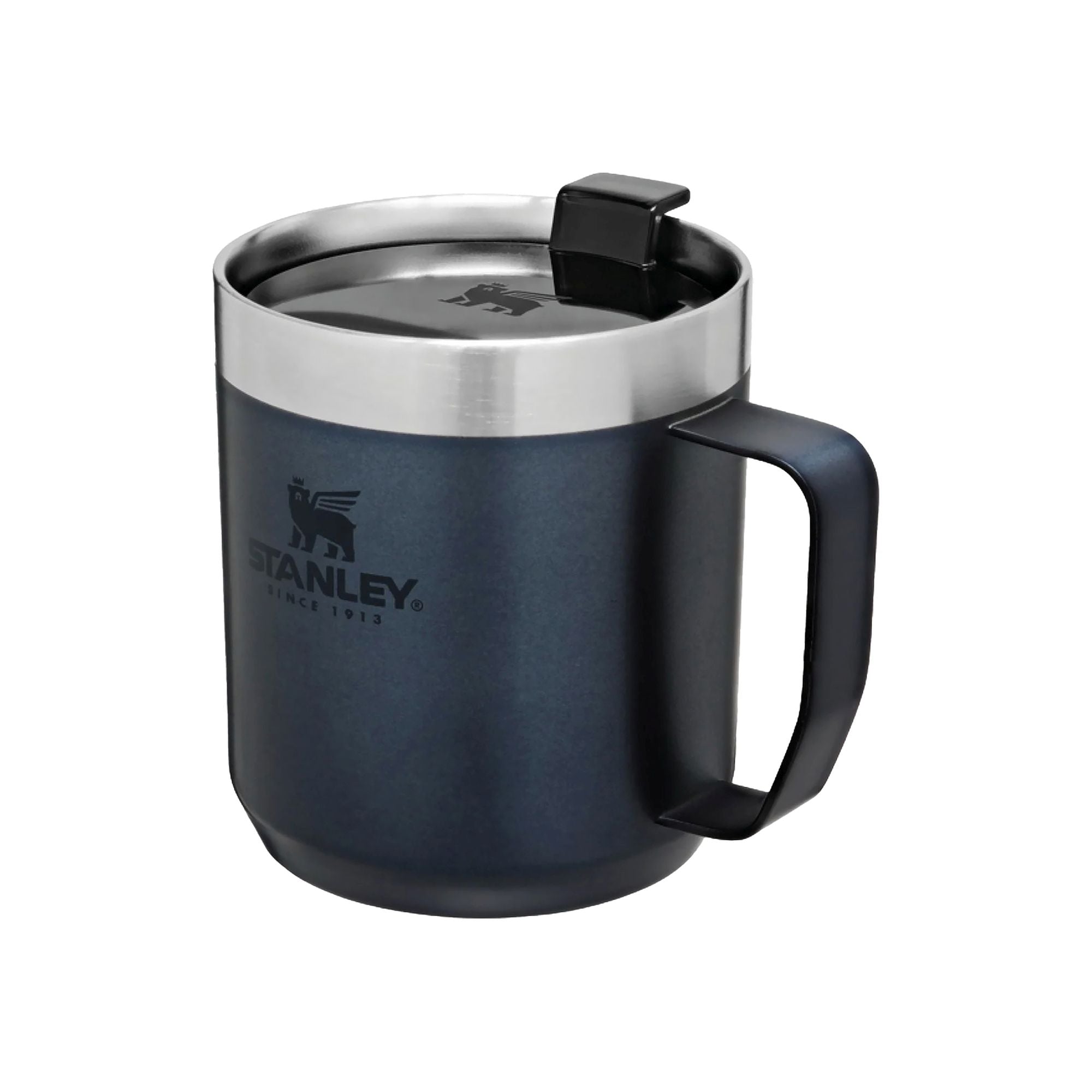 Stanley Stay Hot Camp Mug 0.35L travel mug with handle, durable stainless steel, designed for hot beverages on the go