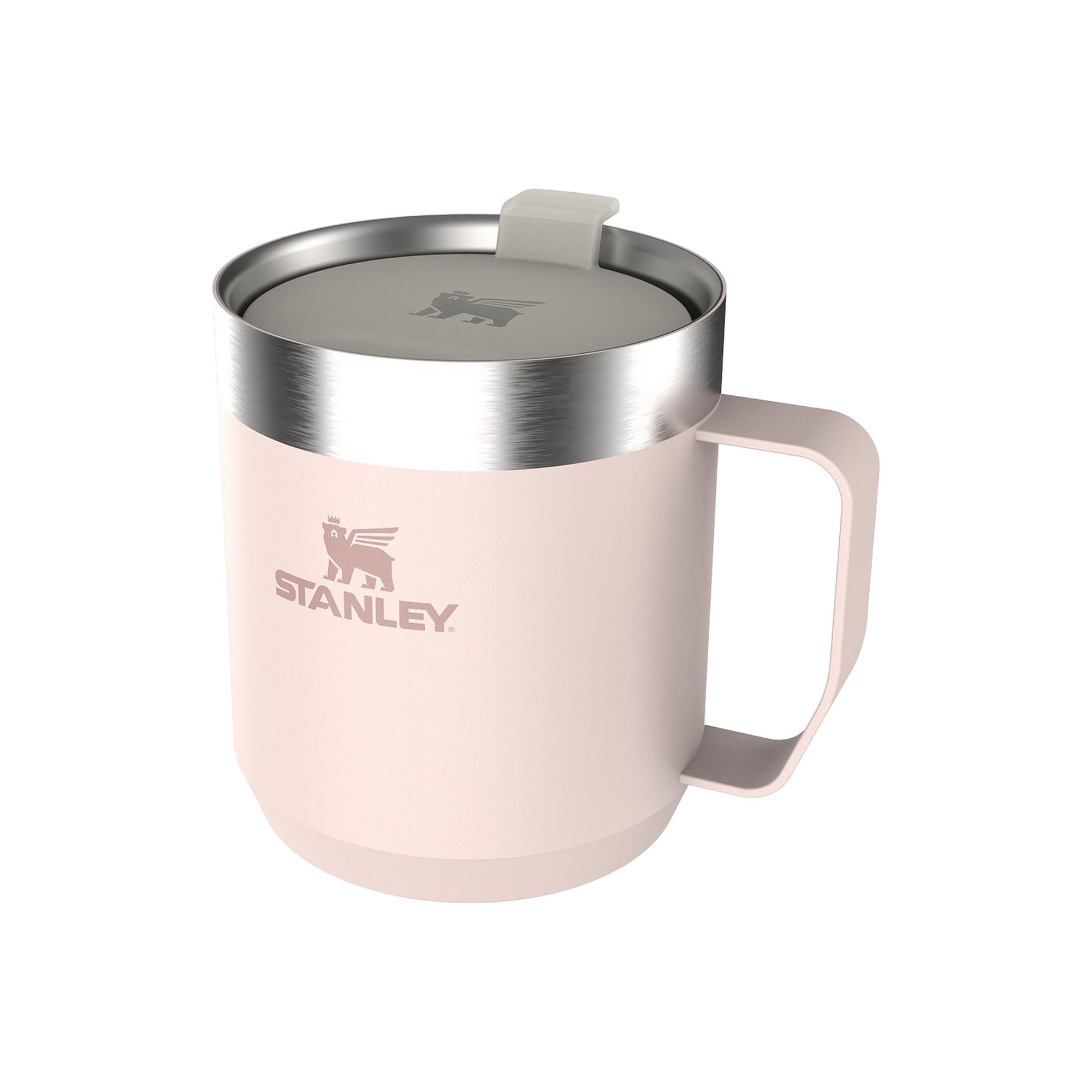 Stanley Stay Hot Camp Mug 0.35L travel mug with stainless steel body and black handle, designed for hot beverages on the go.