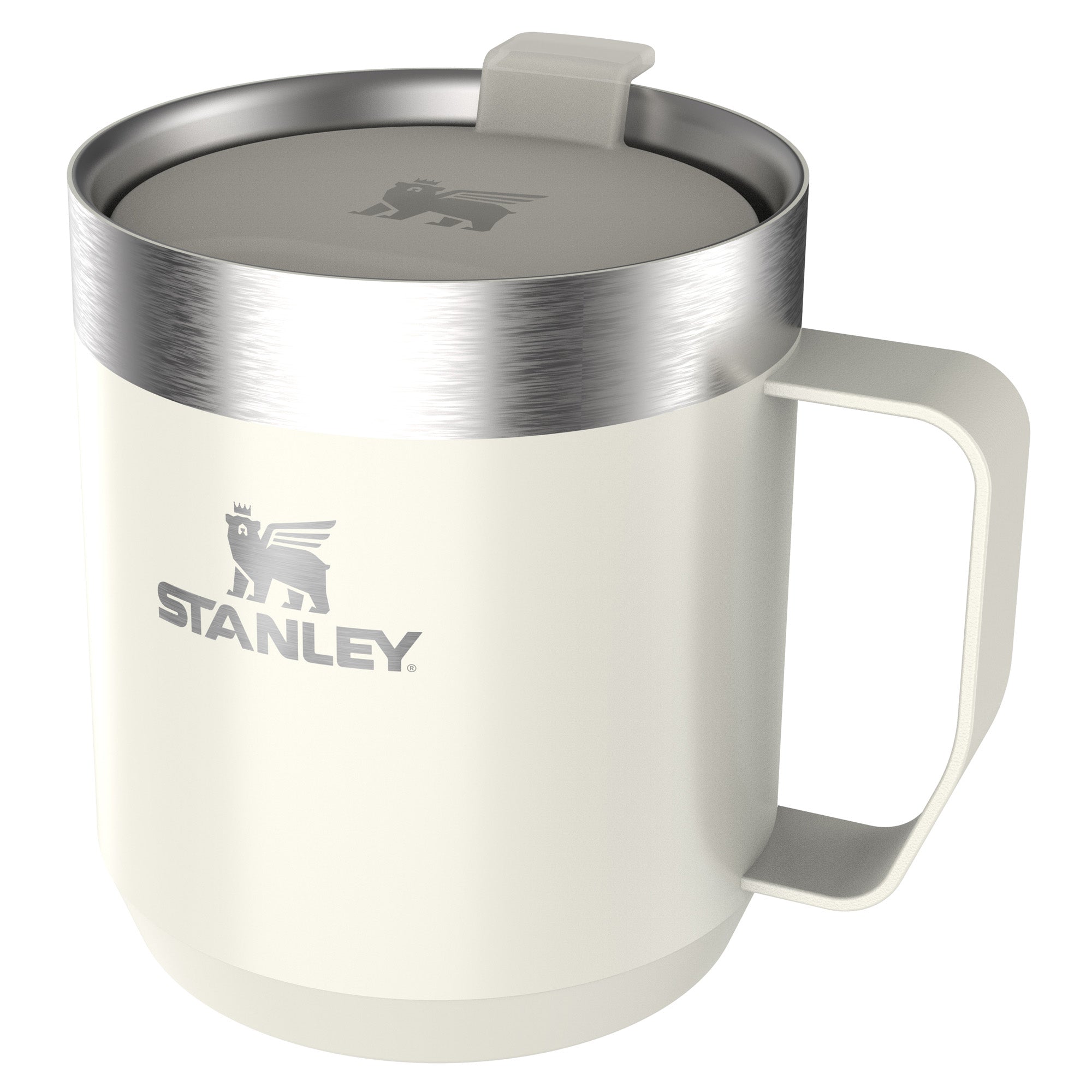 Stanley Stay Hot Camp Mug 0.35L travel mug with a durable handle and stainless steel design for hot beverages.