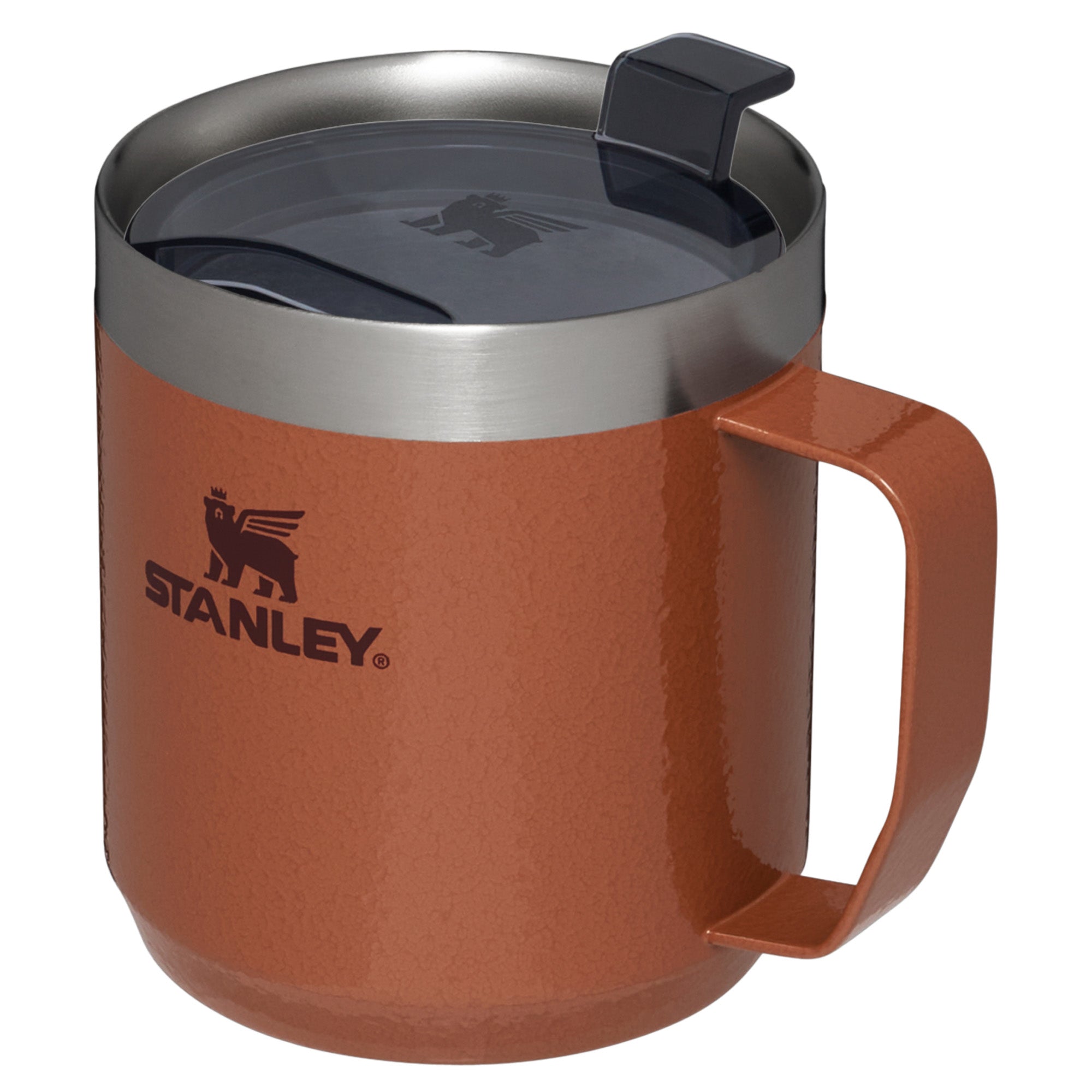 Stanley Stay Hot Camp Mug 0.35L, a durable travel mug with a handle and stainless steel design for hot beverages.