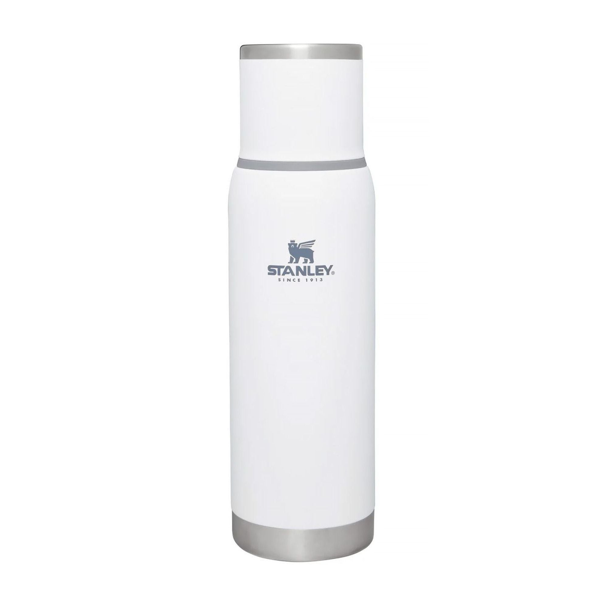 Stanley Adventure To Go 1.0L water bottle in stainless steel with a black screw lid, suitable for outdoor and travel use.