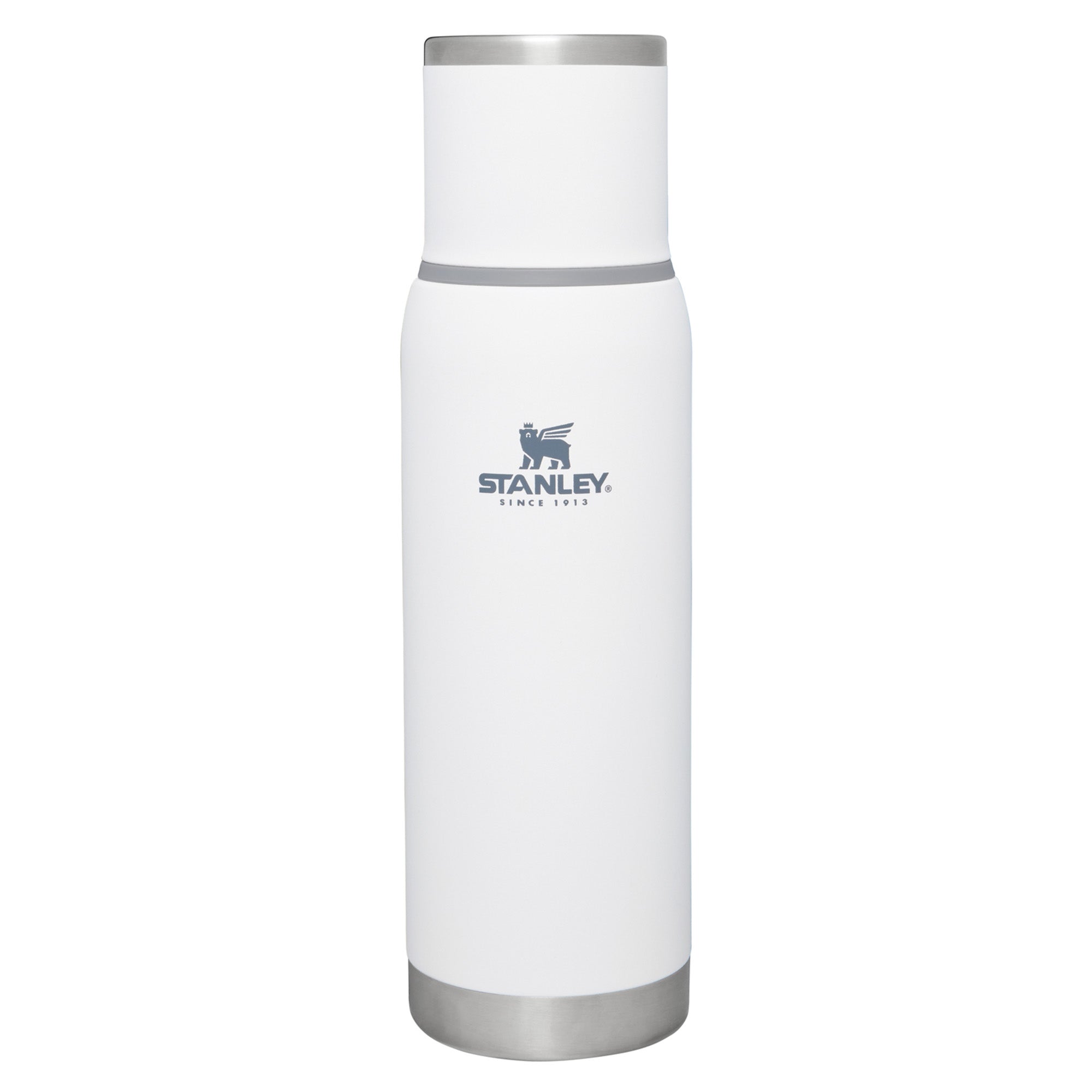 Stanley Adventure To Go 1.0L water bottle in stainless steel with black lid, featuring a sleek, durable design for outdoor hydration.