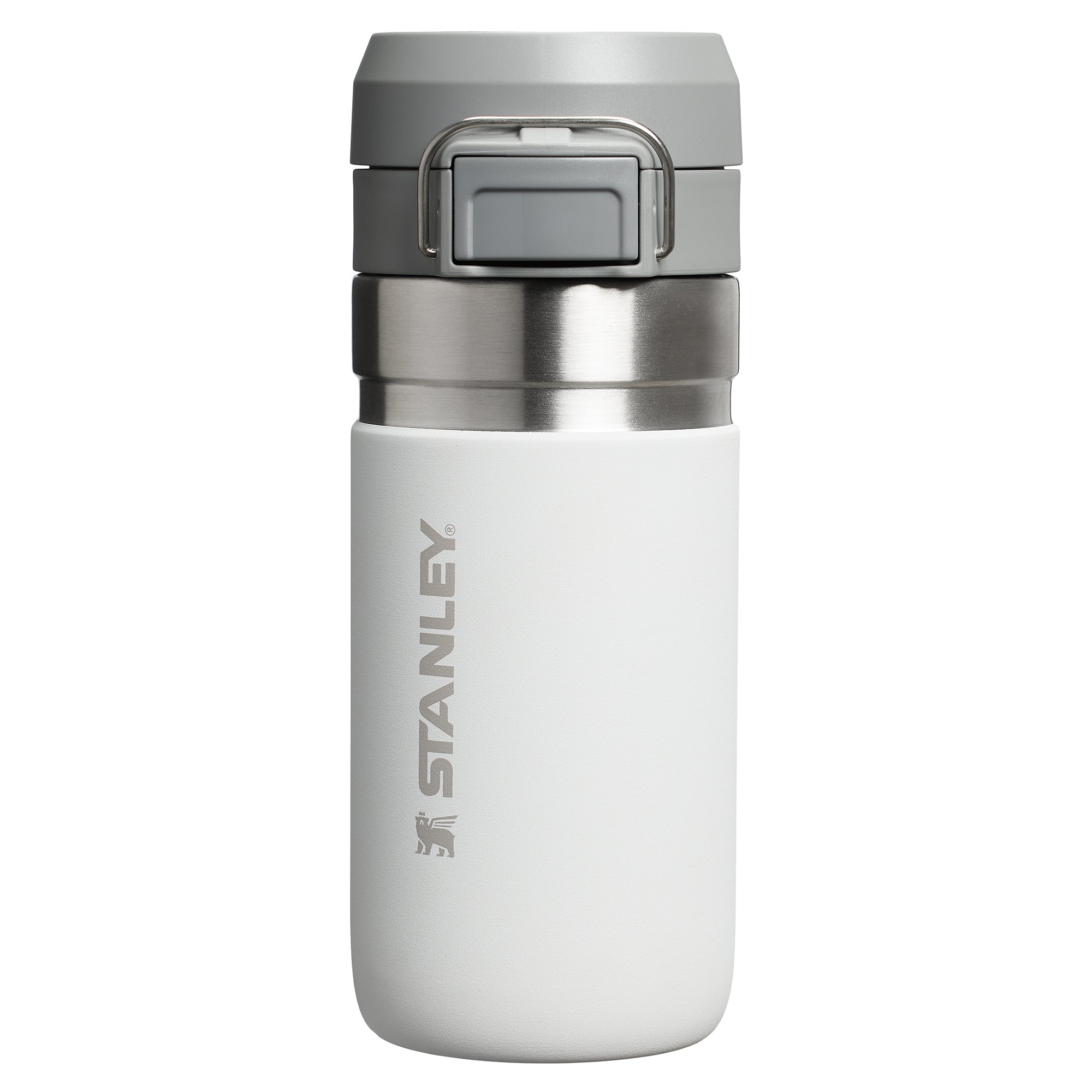 Stanley Quick Flip Water Bottle 0.47L in black with a flip-top lid and ergonomic design for easy hydration on the go.