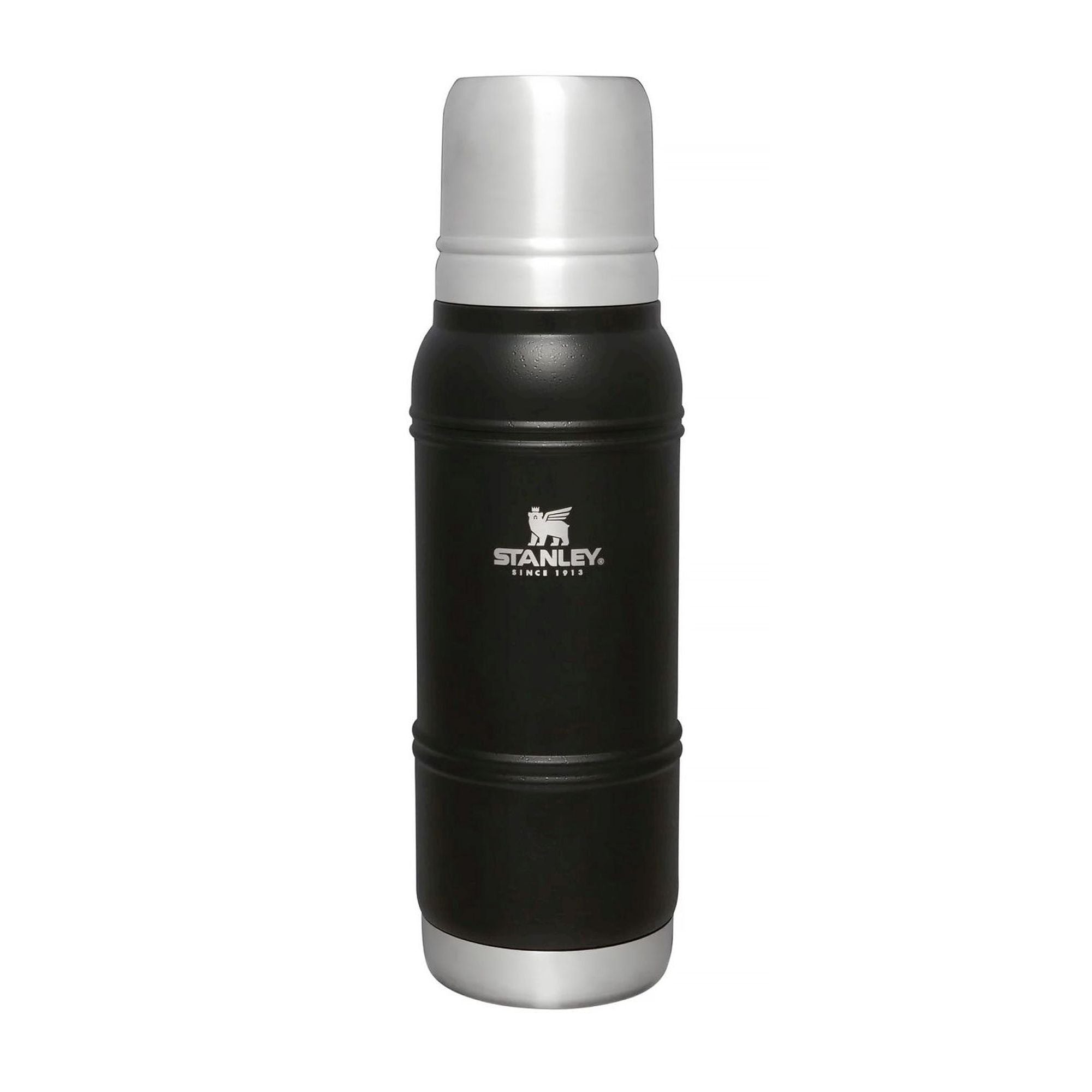 Stanley Artisan Thermal Water Bottle 1.0L in stainless steel with black lid, designed for hot and cold beverages.