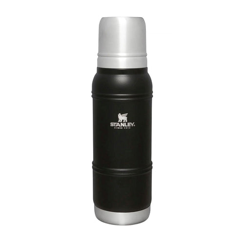 Stanley Artisan Thermal Water Bottle 1.0L in stainless steel with black lid, designed for hot and cold beverages.