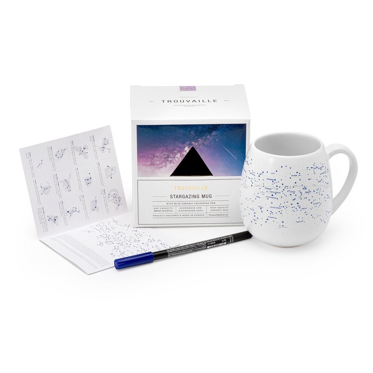 Trouvaille stargazing colour-in mug with packaging, ceramic pen, and design guide for customizing the ceramic mug.
