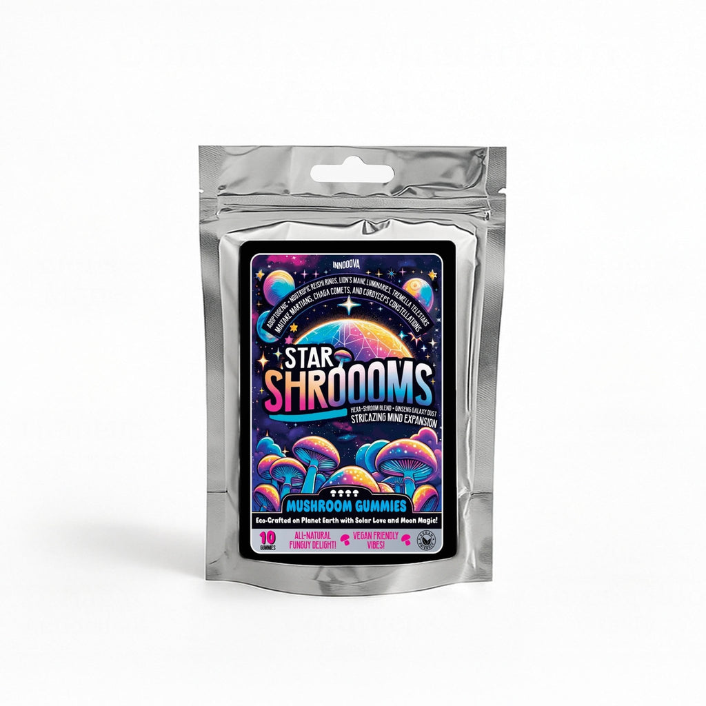 Innooova StarShroooms Trial Pack featuring colorful mushroom-shaped supplements in clear containers with branding.