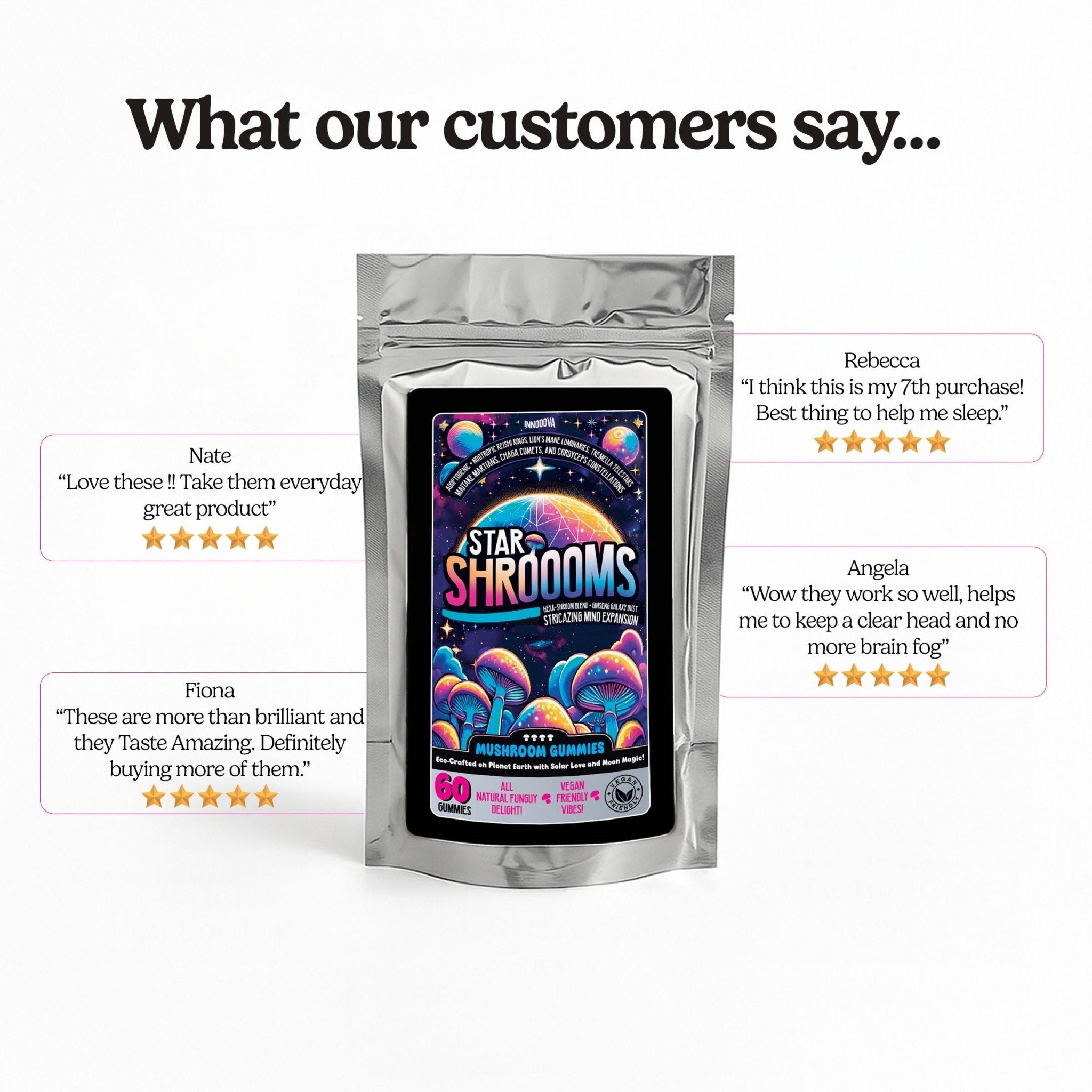 Innooova StarShroooms Triple Pack with customer reviews, featuring colorful star-shaped shoelaces on a pair of shoes.