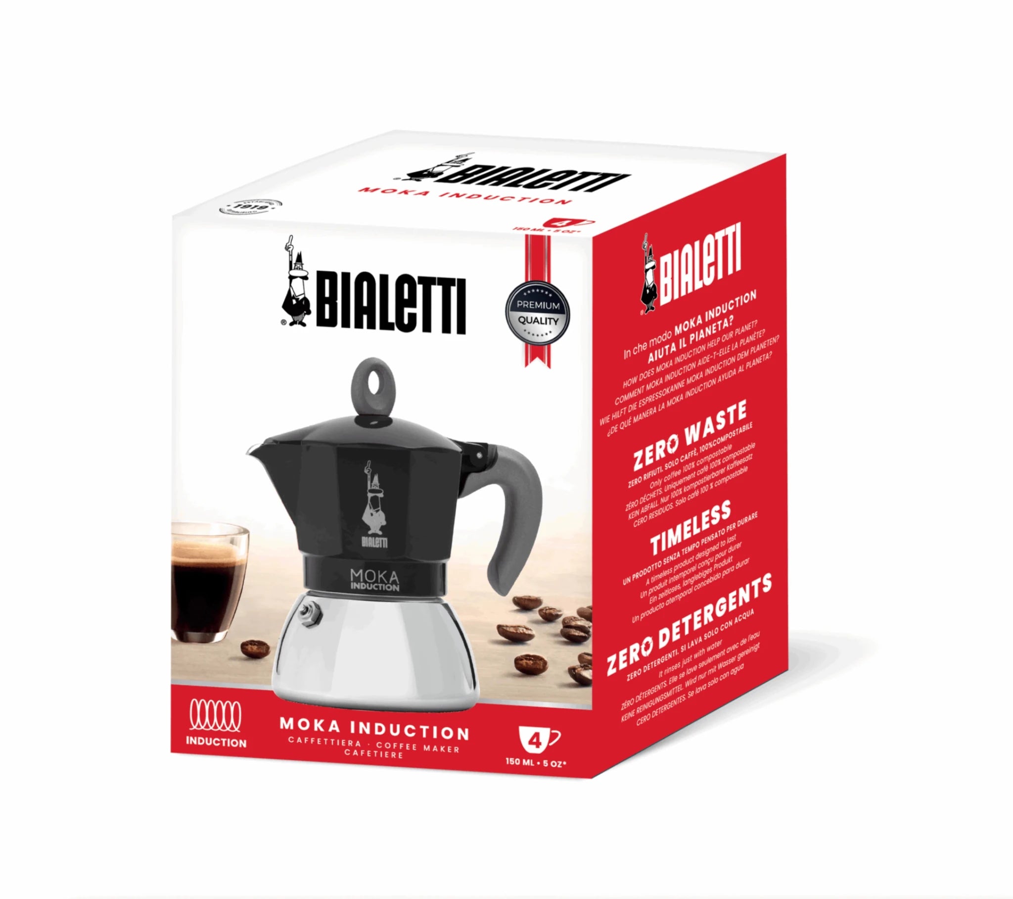 Bialetti Moka induction stovetop coffee maker in packaging with branding and product details visible.