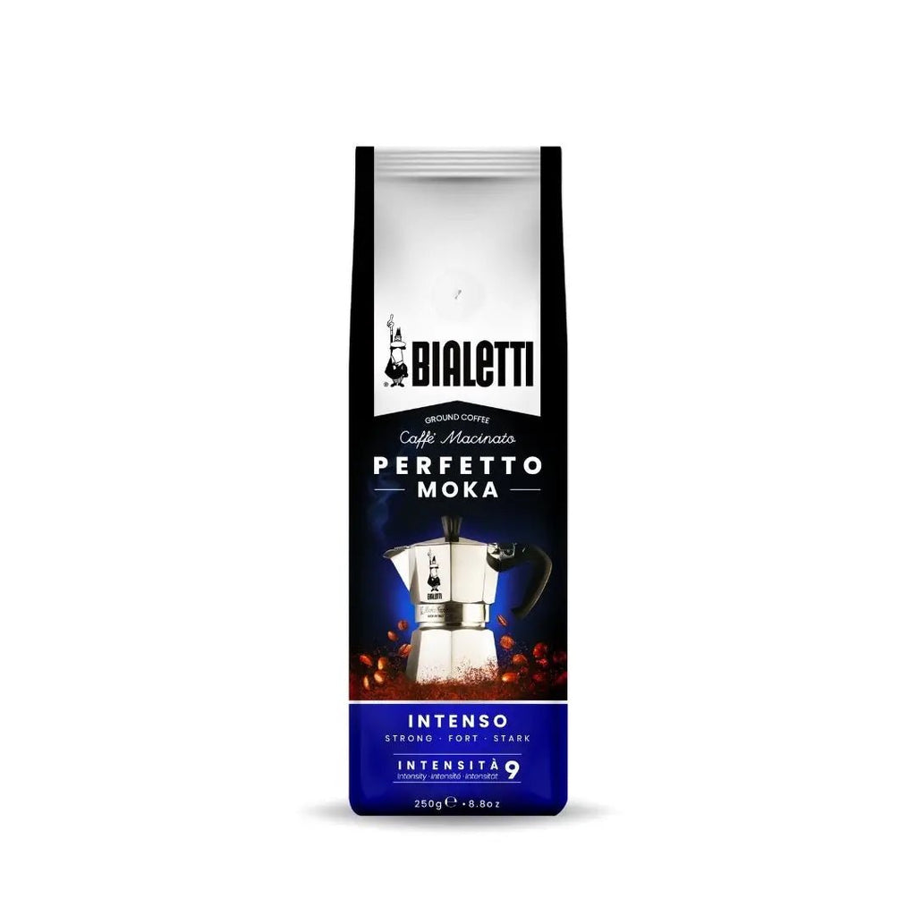 Bialetti Perfetto Moka stovetop coffee maker with polished stainless steel body and black handle for brewing Italian coffee.