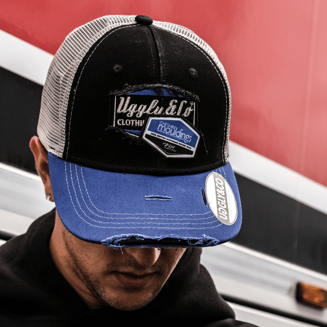 Uggly and Co Cheshire Mouldings x TAS Racing x U&C diamond trucker hat with mesh back and branded logo front.