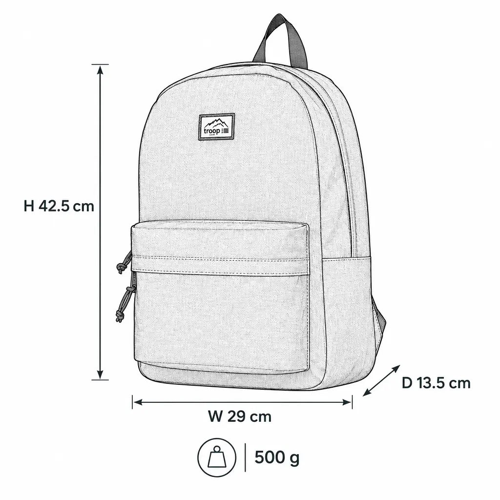 Troop London Heritage Vegan 15-inch laptop backpack with technical illustration, showcasing sleek design and durable vegan material.
